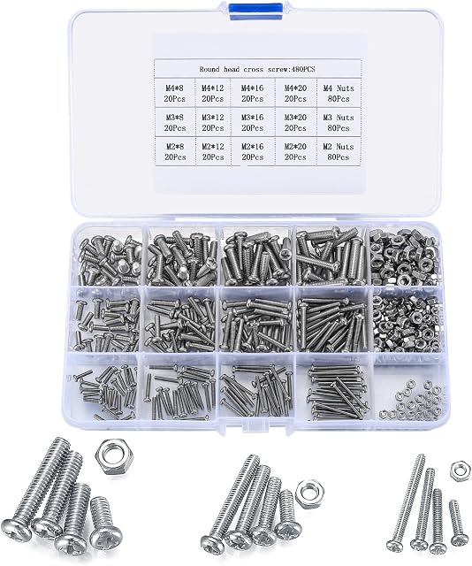 480 Pcs M2/M3/M4 Cross Drive Pan Head Screws Bolts and Nuts Assortment Kit, Stainless Steel Machine Bolts Screws and Nuts, Hex Button Head Bolts and Nuts