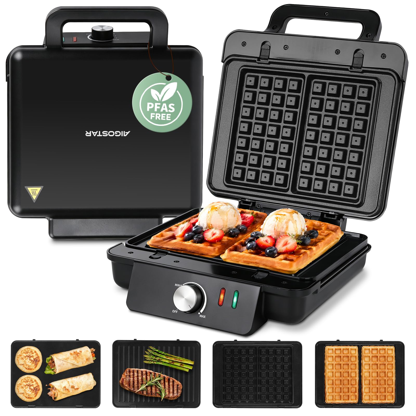Aigostar Waffeleisen, Kontaktgrill & Sandwichmaker 3 in 1, XL, 1500 W | keramische Antihaftbeschichtung, einstellbare Temperatur, Multifunktionsgerät mit abnehmbaren Platten, BPA- und PFAS-frei