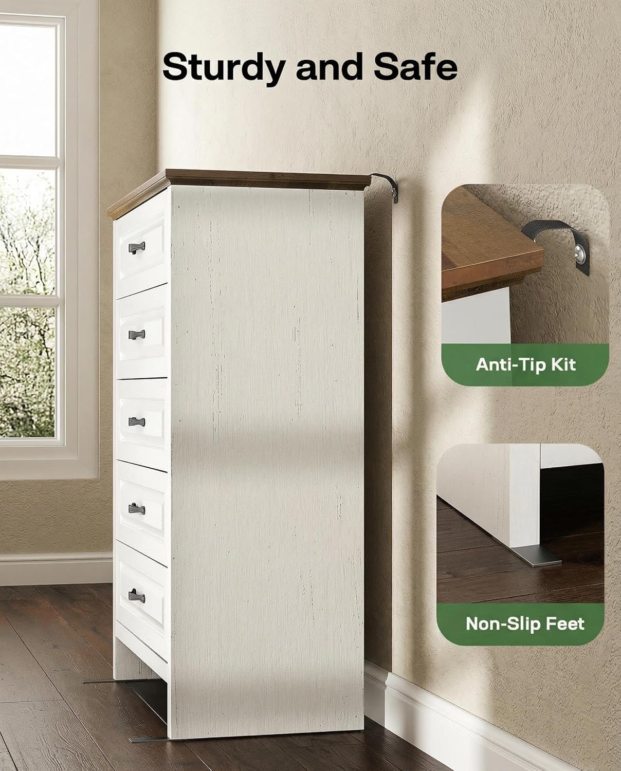 Marsail Farmhouse 5 Drawer Dresser, Wood Chest of Drawers with Natural Texture, Smooth Gliding Drawers, Versatile Storage Organizer Cabinet for Bedroom & Living Room, White and Brown - Image 5