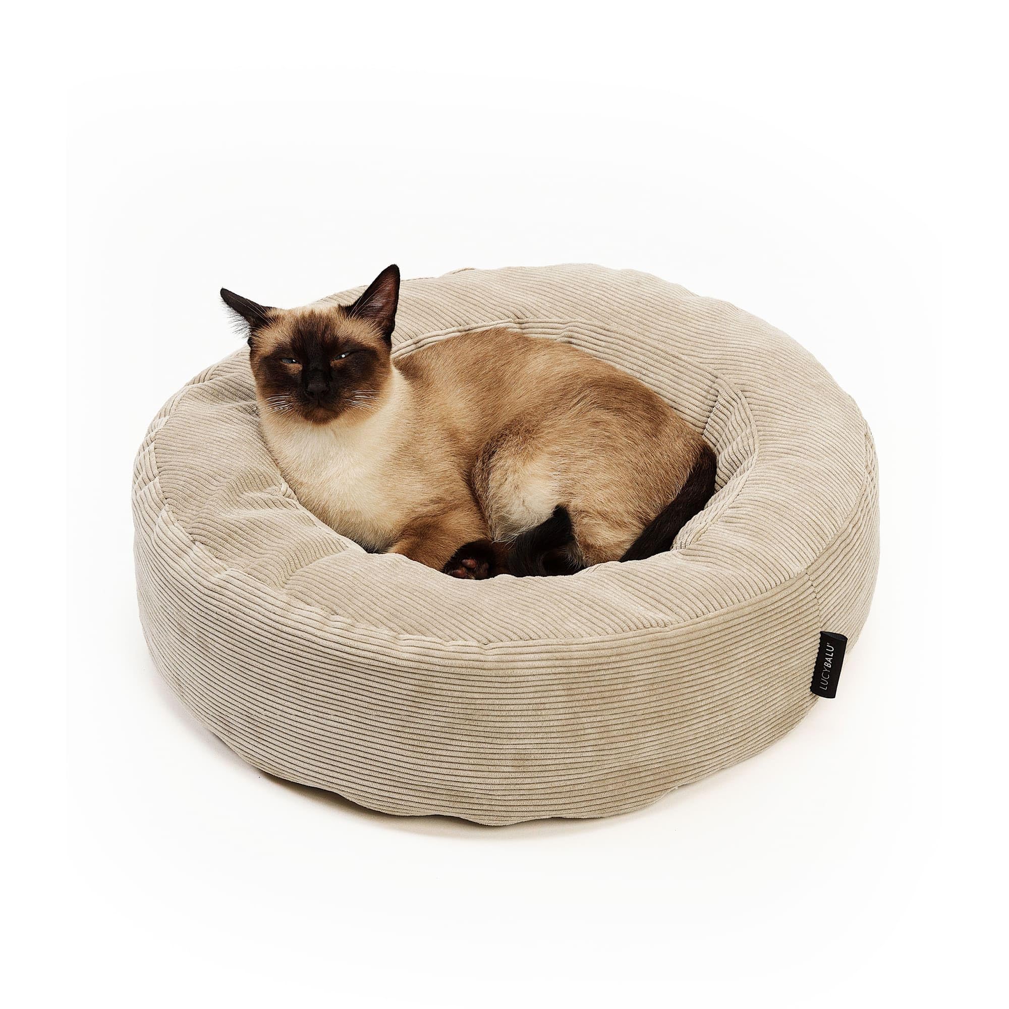 LucyBalu® Nest Katzenbett rund aus Cord I kompakter Schlafplatz zum Einkuscheln I waschbar mit abnehmbarem Bezug I Ø 55 cm für Kitten & kleinere Rassen I Sand
