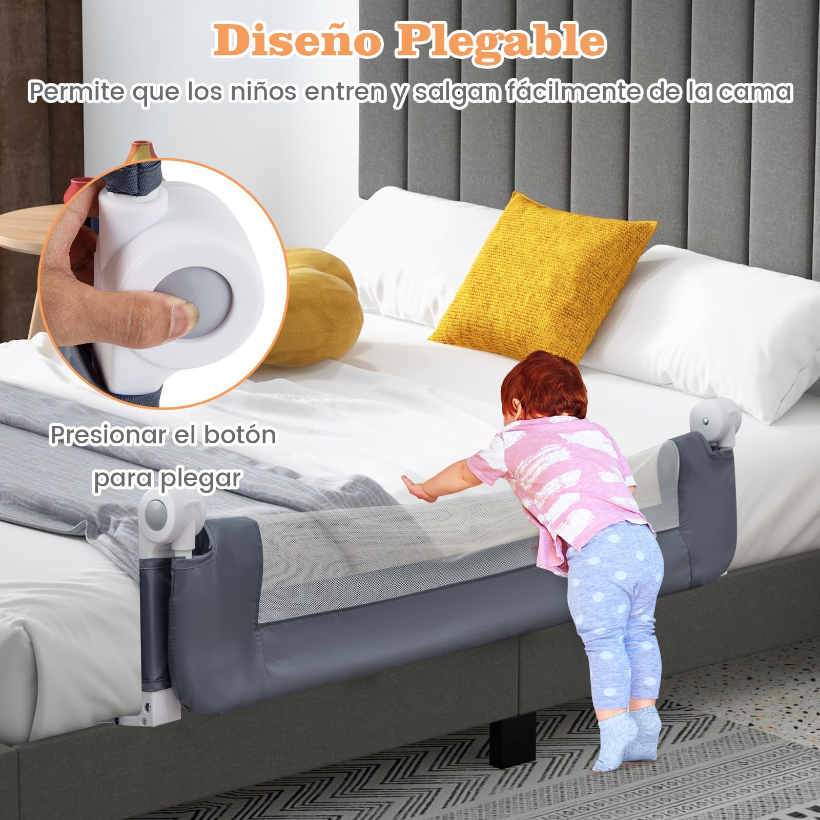 COSTWAY Riel de Cama Plegable Barandilla para la Cama Protección para Bebé Barrera de Cama para Cama Individual/Cama Matrimonial (120x42cm, Gris)