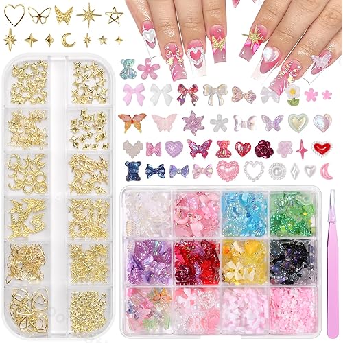 Tatiwoo 3D Nail Charms and Gold Nail Studs, Mix Color Bowknot Heart Flower Butterflies Acrylic Nail Art Charms Tiny Star Heart Cross Moon Rivets Gems for Nails Art DIY Supplies