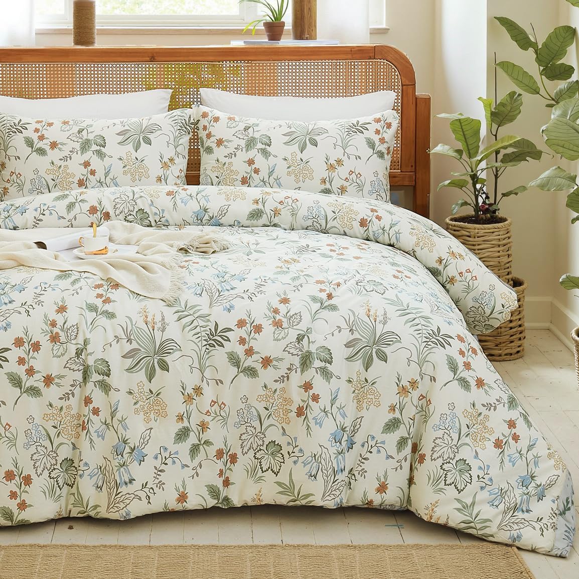 Merryword 100% Cotton Comforter Set King Size 3 Pcs Botanical Comforter Set Nature Floral Bedding with Greenery & Orange Flowers, Soft Breathable Lightweight Comforter Set for Cozy Bedroom Style - Image 2