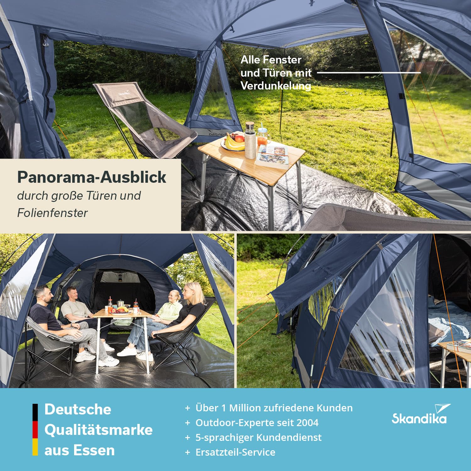 Skandika Kambo - Tenda de campeggio tunnel - 4 persone - Impermeabile con 3000 colonne d'acqua - 3 ingressi - tenda da sole