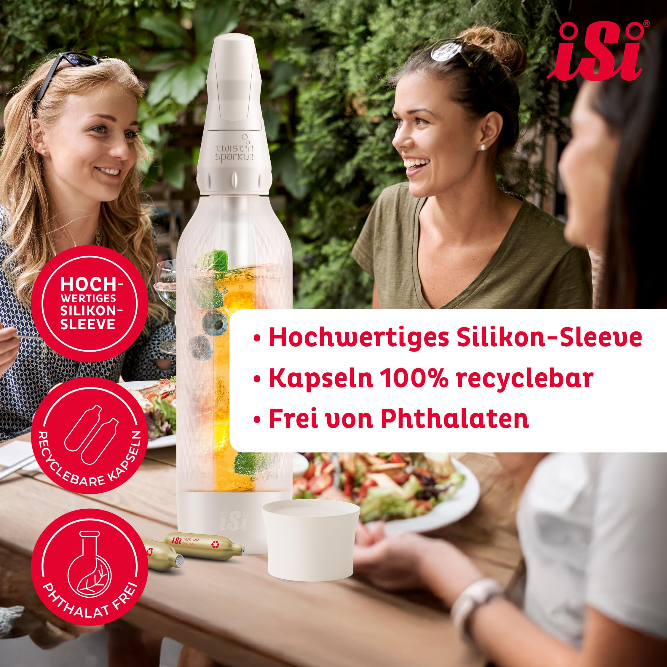 iSi Twist'n Sparkle Virtuoso Spruzzatore d'acqua 0,95 l – Soda Maker per acqua frizzante, succhi e cocktail – Sprudler & Soda Maker con custodia in silicone antiscivolo – Macchina alternativa per