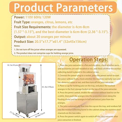 Miniatura 3 de Exprimidor de naranja comercial 110 V Vertical Orange Juice Extractor Machine Citrus Lemon Squeezer 20PCSMin, con gabinete de acero inoxidable,