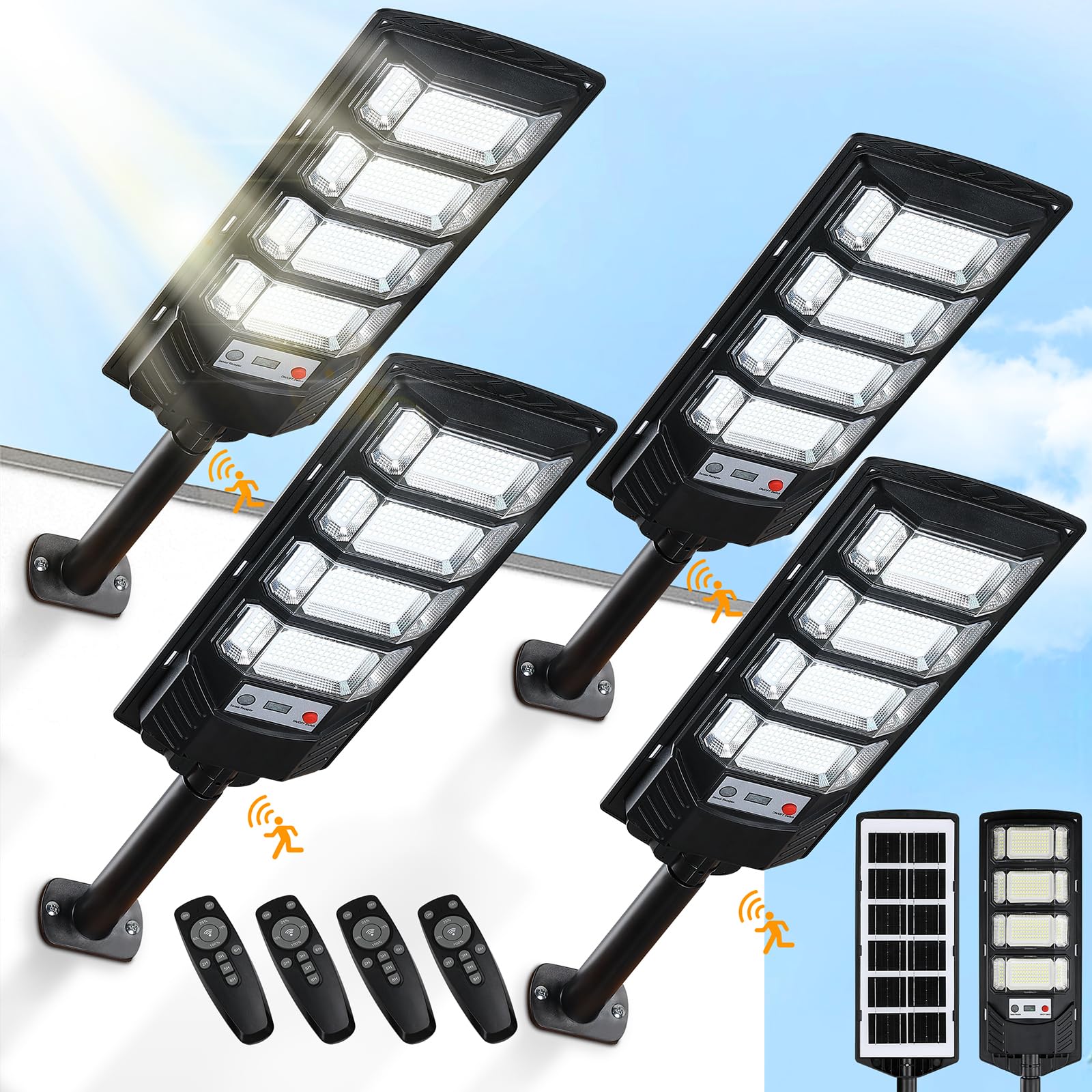 4 Pack Solar Street Lights Outdoor Waterproof 10000LM 6500K, Solar Light Outdoor Dusk to Dawn with Wide Angle Motion Sensor and Remote, Parking Lot Lights for Area Lighting Yard