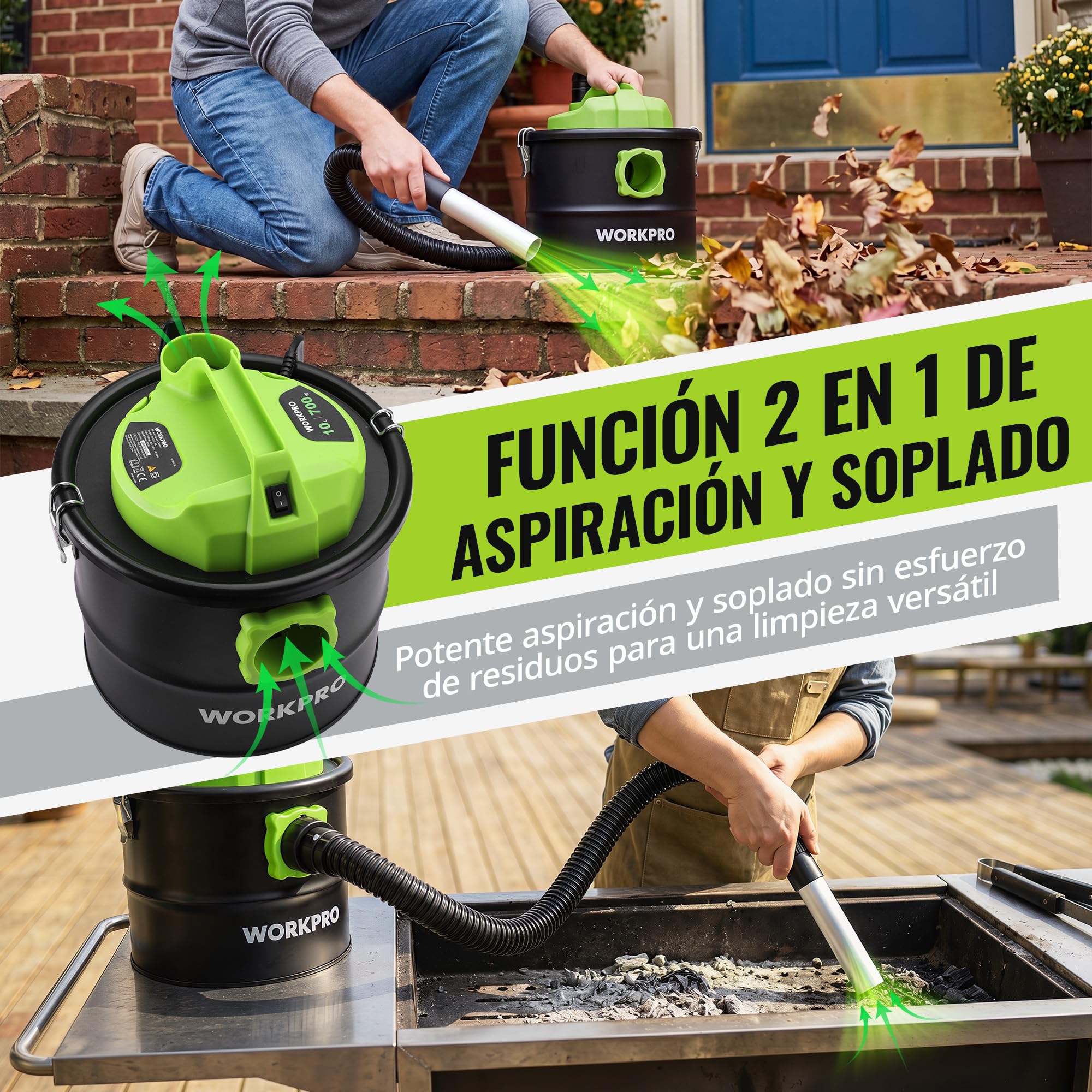 WORKPRO Aspirador de Cenizas 10L 700W con Función Soplado | Aspiracenizas para Chimeneas, Estufas y Barbacoas, Depósito Metálico, Filtro Lavable, 16 kPa, Tubo Metálico