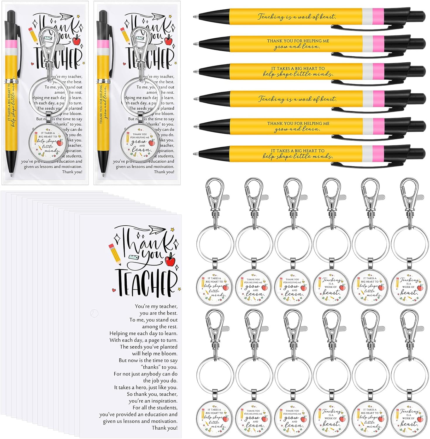 Daifunli 20 Set Teacher Appreciation Gifts in Bulk Thank You Inspirational Ballpoint Pens 3 Styles Metal Keychains Thank You Cards for School Gifts from Student