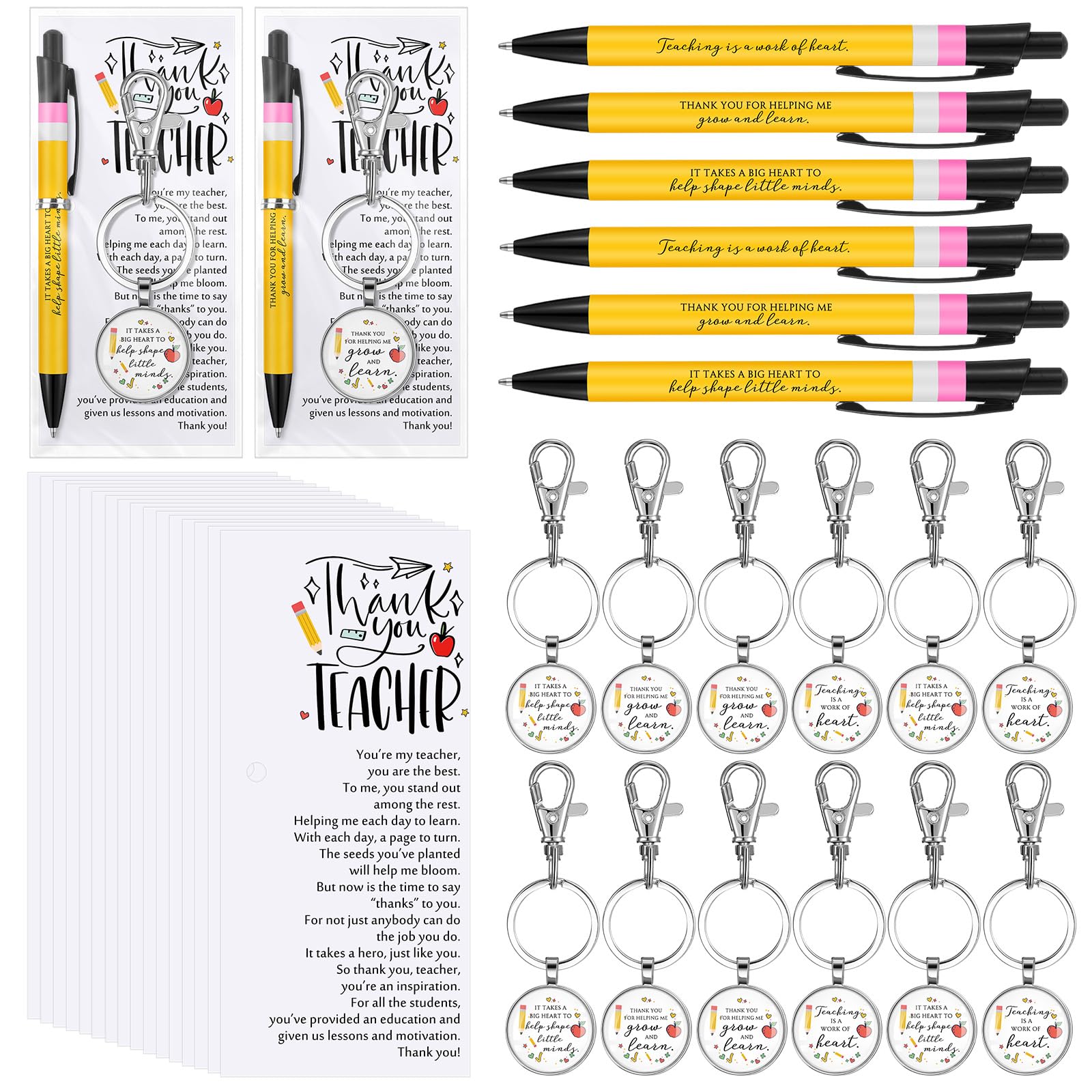 Daifunli 10 Set Teacher Appreciation Gifts in Bulk Thank You Inspirational Ballpoint Pens 3 Styles Metal Keychains Thank You Cards for School Gifts