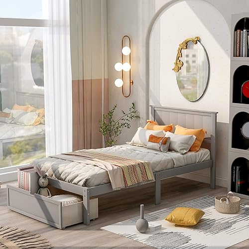 Twin Size Platform Bed, Wood Platform Bed Frame with Storage Drawers, Wooden Platform Bed with Headboard for Kids Boys Girls Teens Adults, No Box Spring Needed, Easy Assembly, Gray