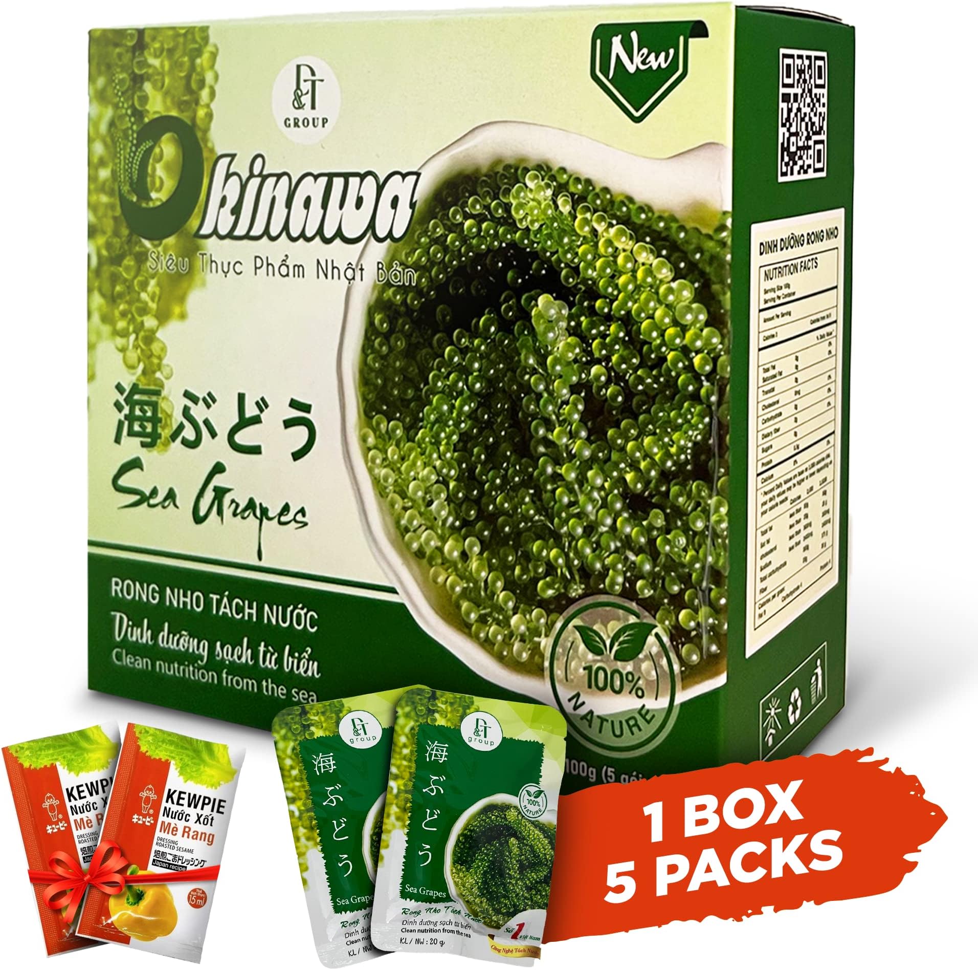 NAMISO OKINAWA Organic Sea Grapes,Organic Seaweed, Umibudo, Green Caviar, Dehyrated lato, Seagrapes , Superfood - Enhance Health, Boosting Immune System (3.5 Oz (Pack of 5), 1 box)