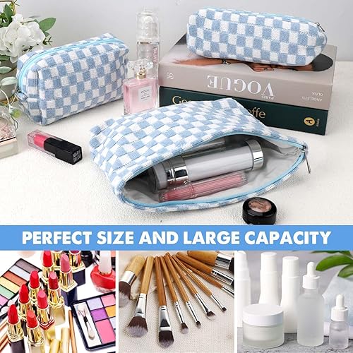 Miniatura 2 de Juego de 3 bolsas de maquillaje para niñas, mujeres, organizador de viaje a cuadros, bolsa de aseo de baño, bolsa de almacenamiento de gran