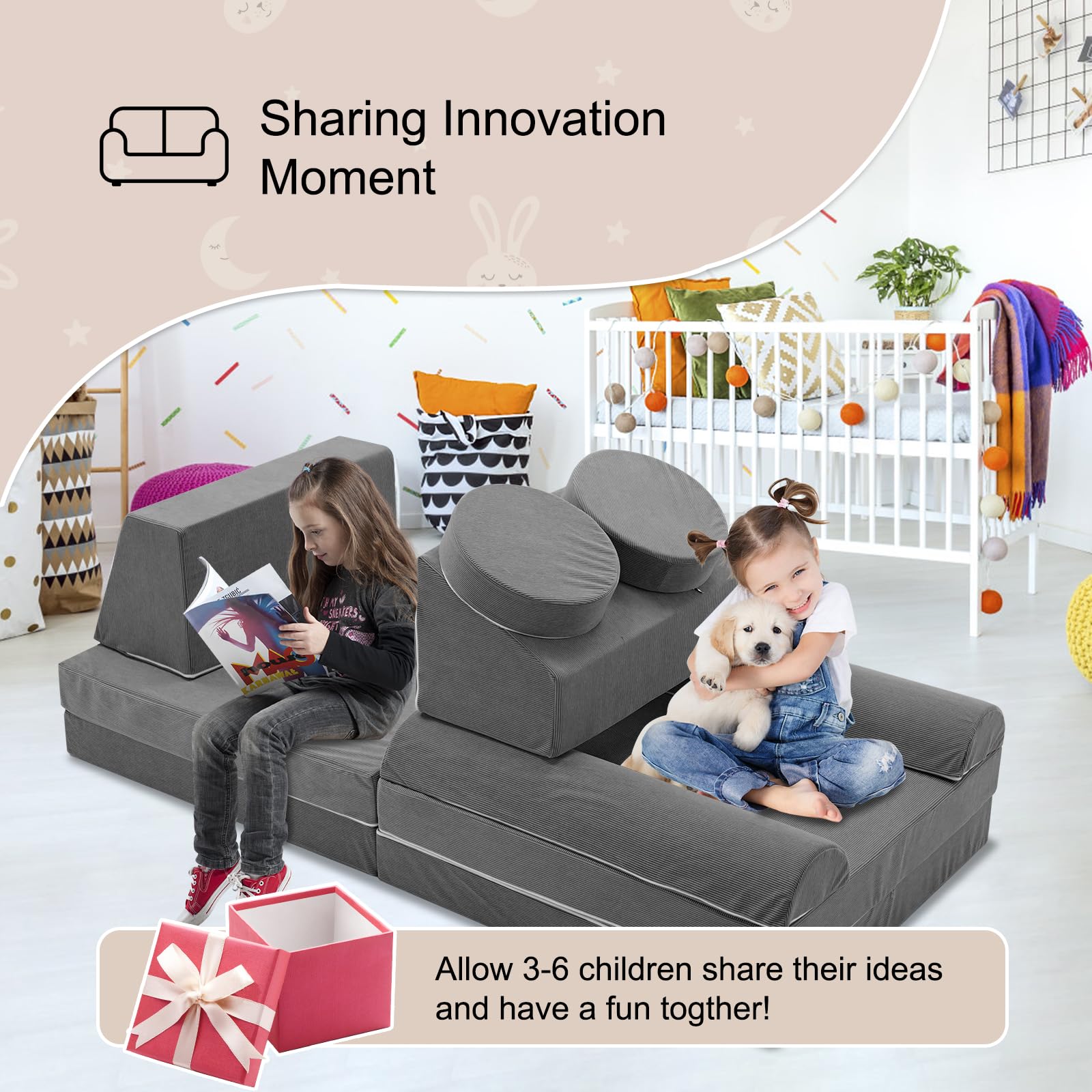 Spielsofa für Kinder,Kindersofa aus 10 Schaumstoff Bausteine, Flexibel Kombinierbare Kinder Couch Modulares Spielsofa zum Spielen, Kreativsein, Schlafen(120CM)