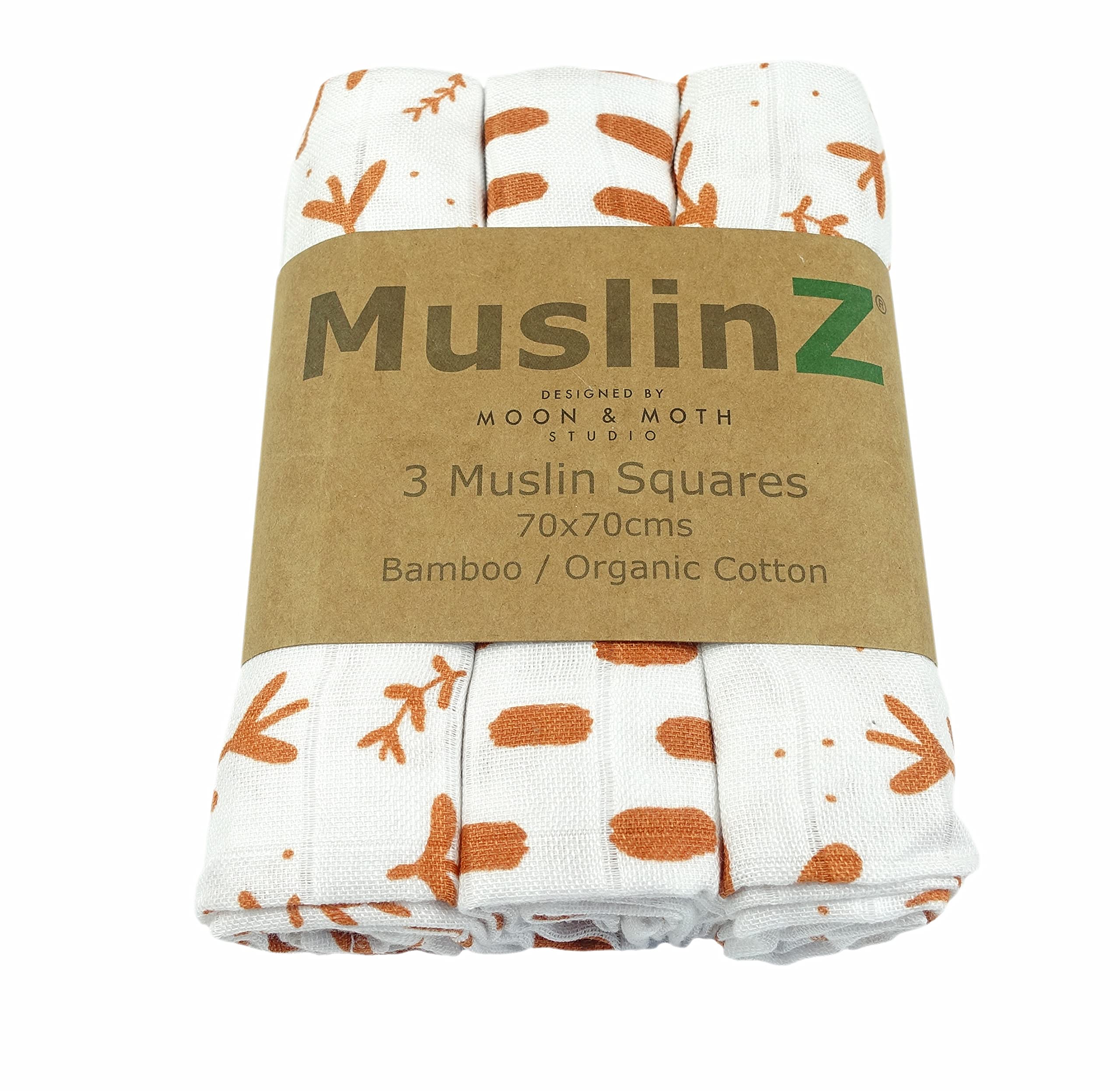 Muslinz Laurel Leaf 3Pk Bamboo/Organic Cotton Muslin Squares, Burp Cloths 70 X 70Cm (Laurel Leaf)