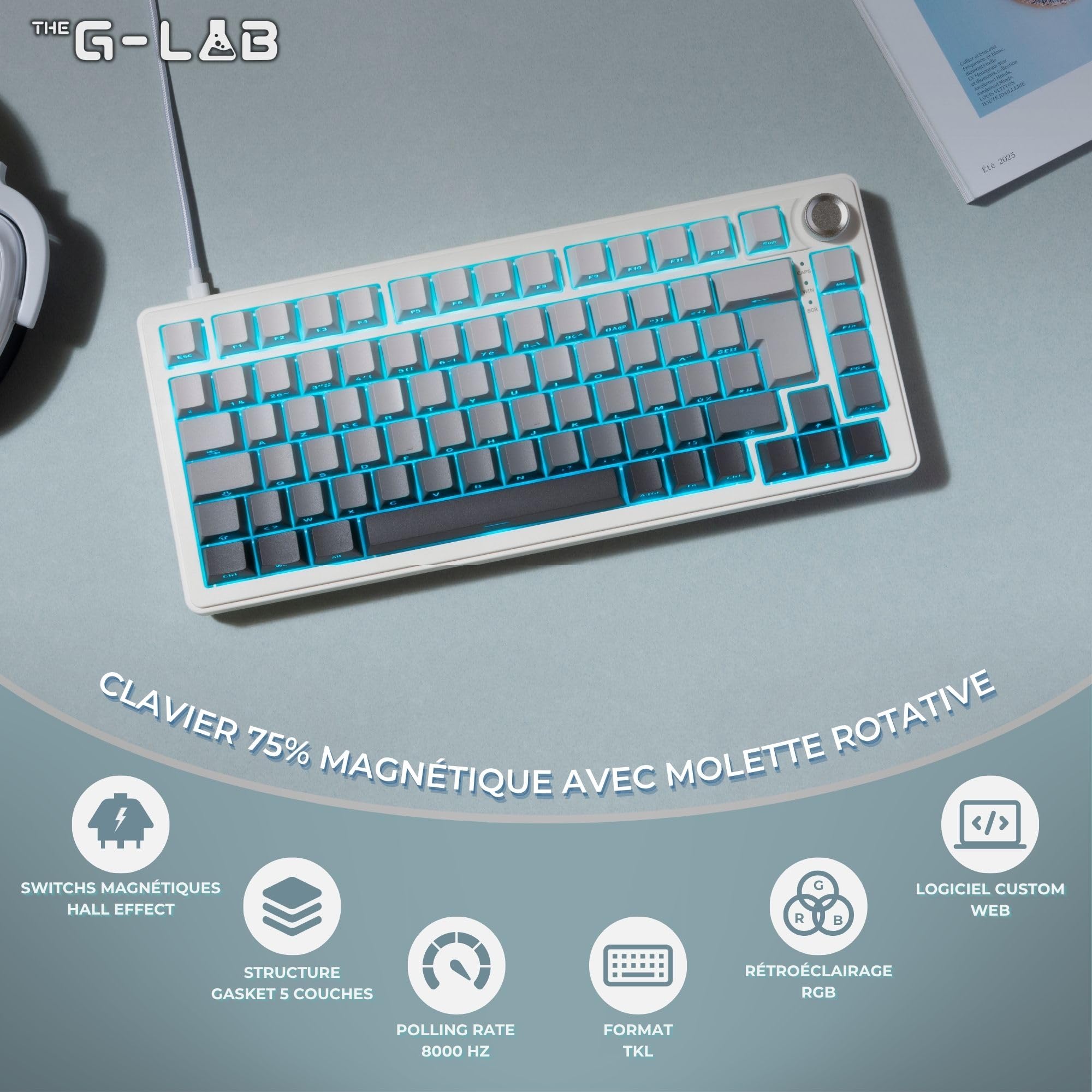 The G-Lab - KEYZ Elite 300 HE GRW - Magnetyczna Klawiatura Gamingowa Hall Effect 75% AZERTY FR, Przewodowa USB, 8000 Hz Rapid Trigger, Regulowana Aktywacja 0,01 mm, PBT Hot-Swap, RGB i Makra - Win/Mac