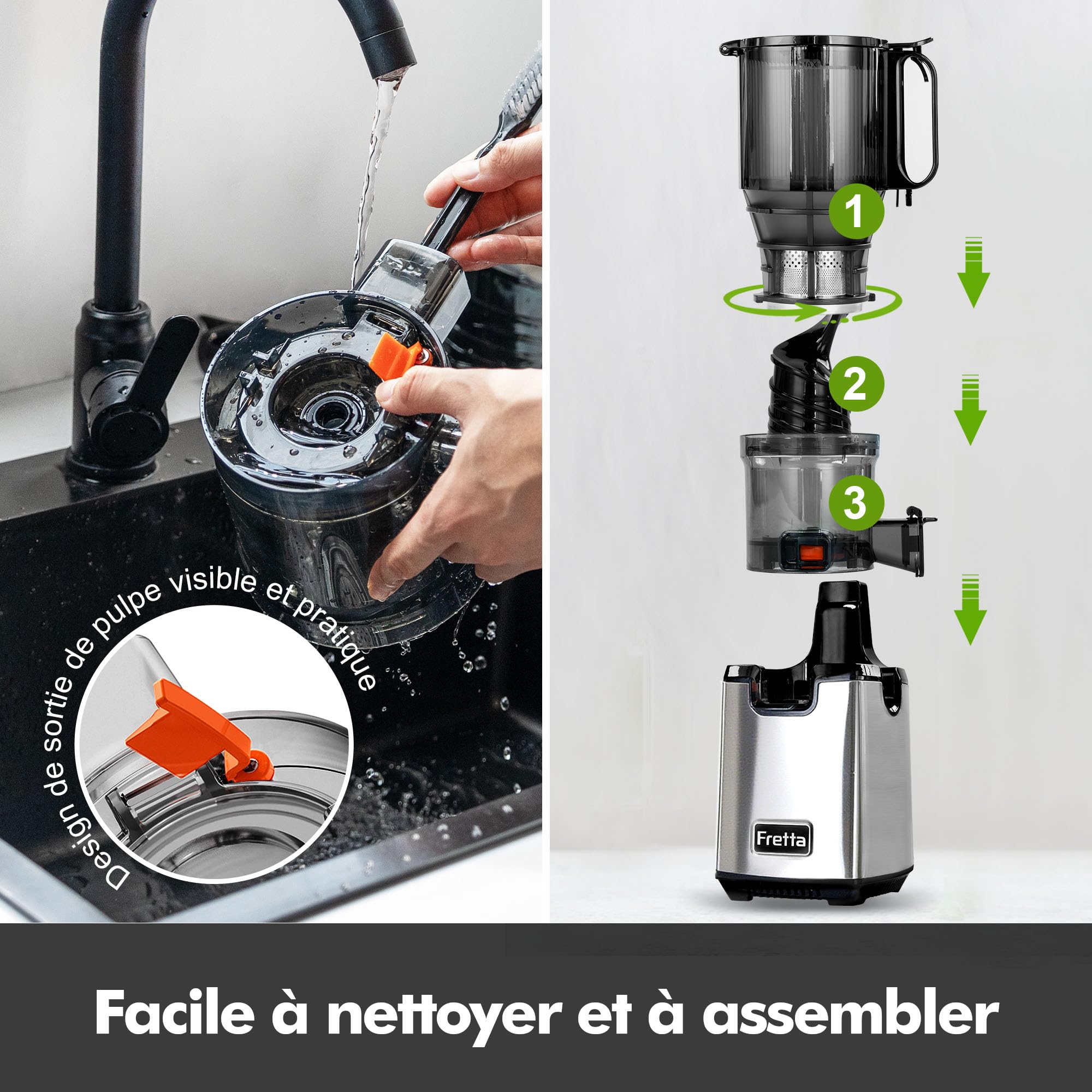 Fretta Extracteur de Jus à Mastication Lente 250W, Grande Goulotte 135mm, Sans BPA, Argenté