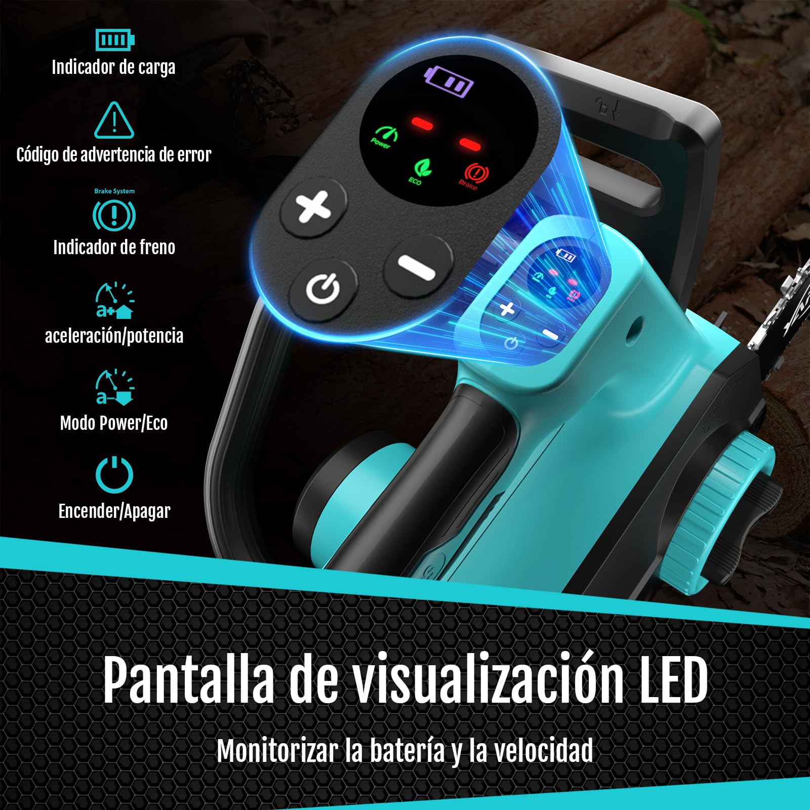 YARDCARE Motosierra a batería sin cable 12" con pantalla LED, motor brushless 1200 W, batería Li-Ion 4 Ah + cargador, tensión de cadena sin herramienta, lubricación automática, gancho de suspensión