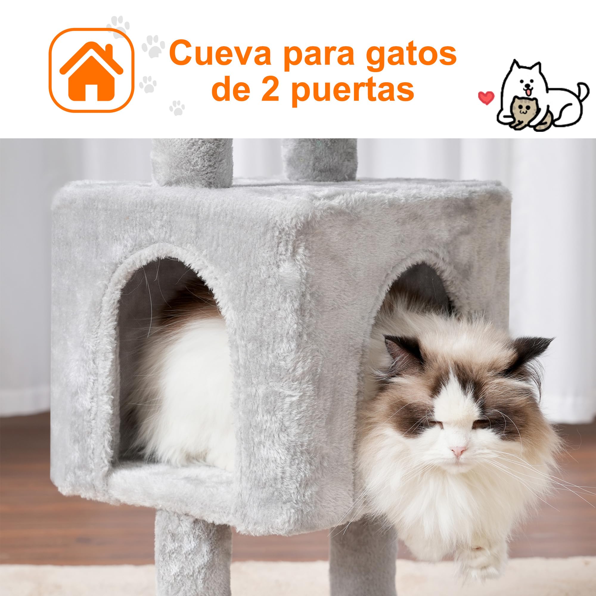 Heybly Arbol Rascador para Gatos, Arbol Gato de 100 cm de Altura con Plataforma Grande, Cueva, 2 Hamacas, Juguetes y Árbol para Trepar con Rascador, Gris Claro HCT006SW