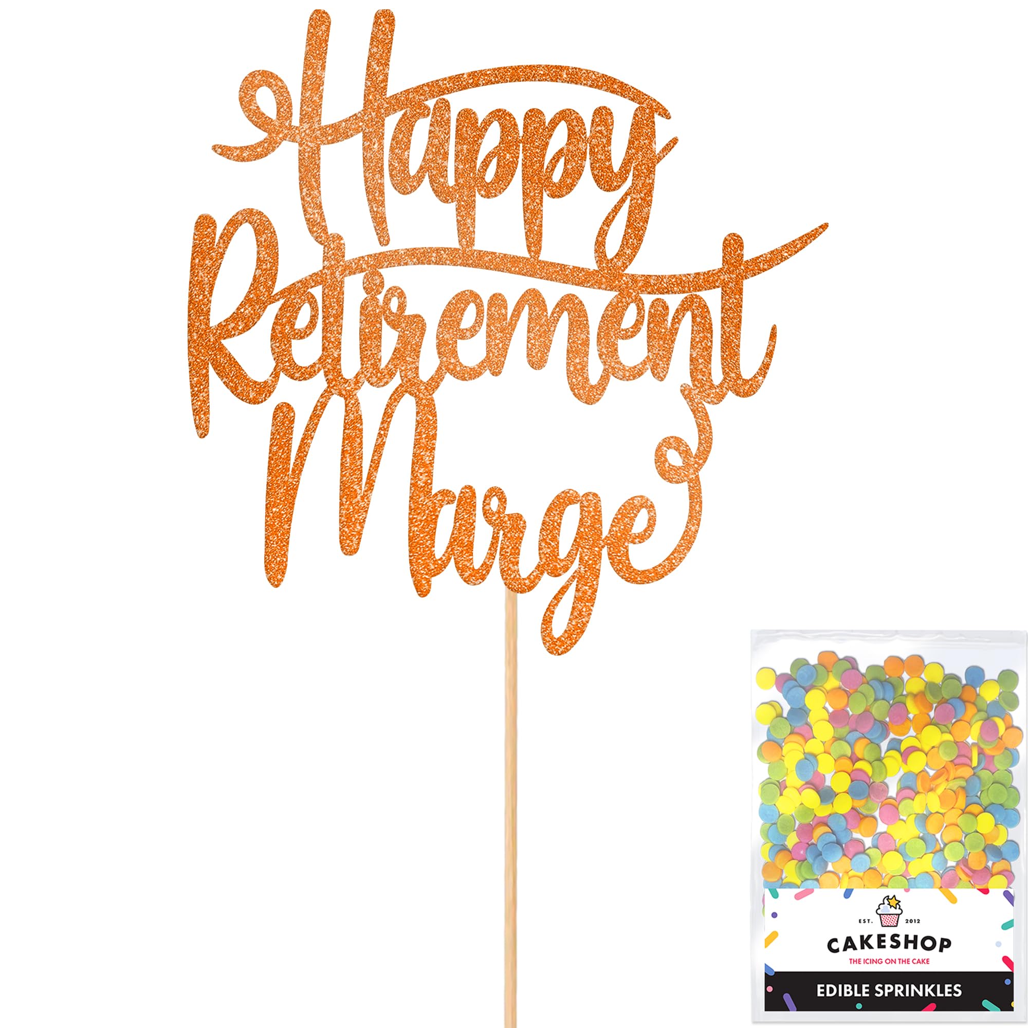 Cakeshop Personalised Happy Retirement Glitter Cake Topper With Sprinkles - Copper Orange Custom Colour - Any Name - Double-Sided Glitter Card Cake Decoration - Custom Toppers for Cakes