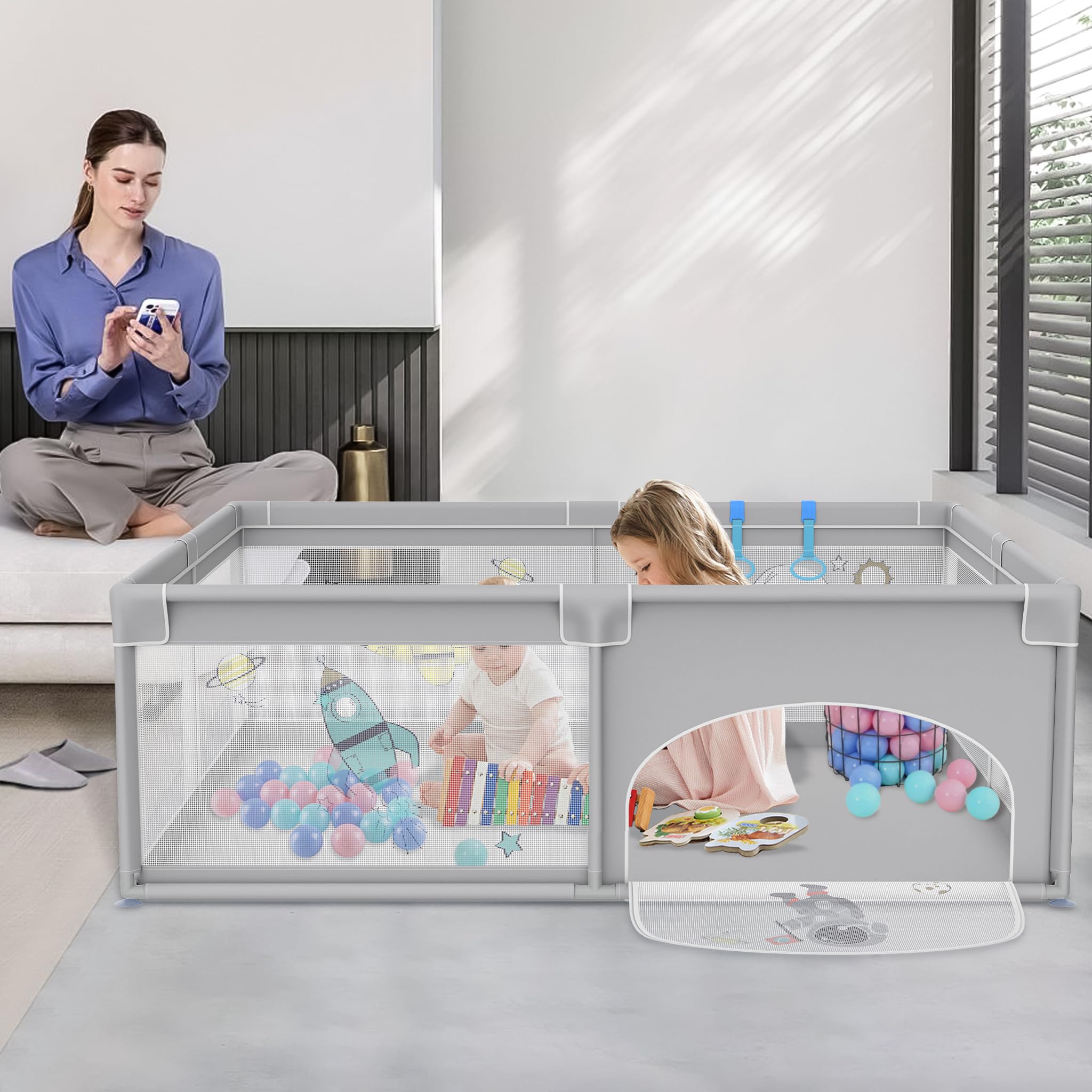 UISEBRT Box per bambini, 180 x 200 cm, con 50 palline oceaniche e 4 anelli e borsa per il trasporto, pieghevole, con rete traspirante, per bambini, grigio con motivi astronauti
