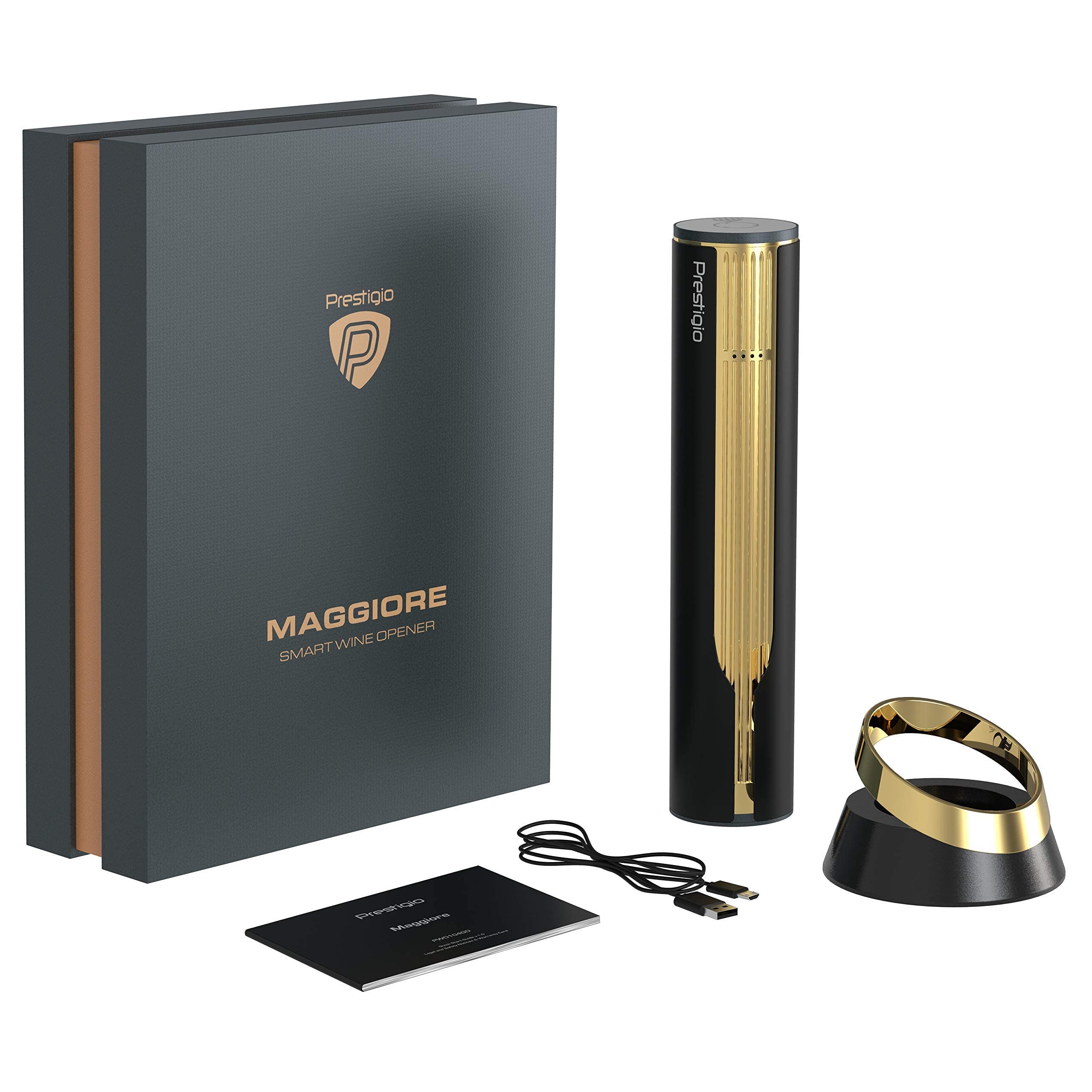 Prestigio Maggiore Elektrischer Korkenzieher - Premium Wein Flaschenöffner mit Ladestation - Integrierter Folienschneider - Verpackt in hochwertiger Geschenkbox - Schwarz/Gold