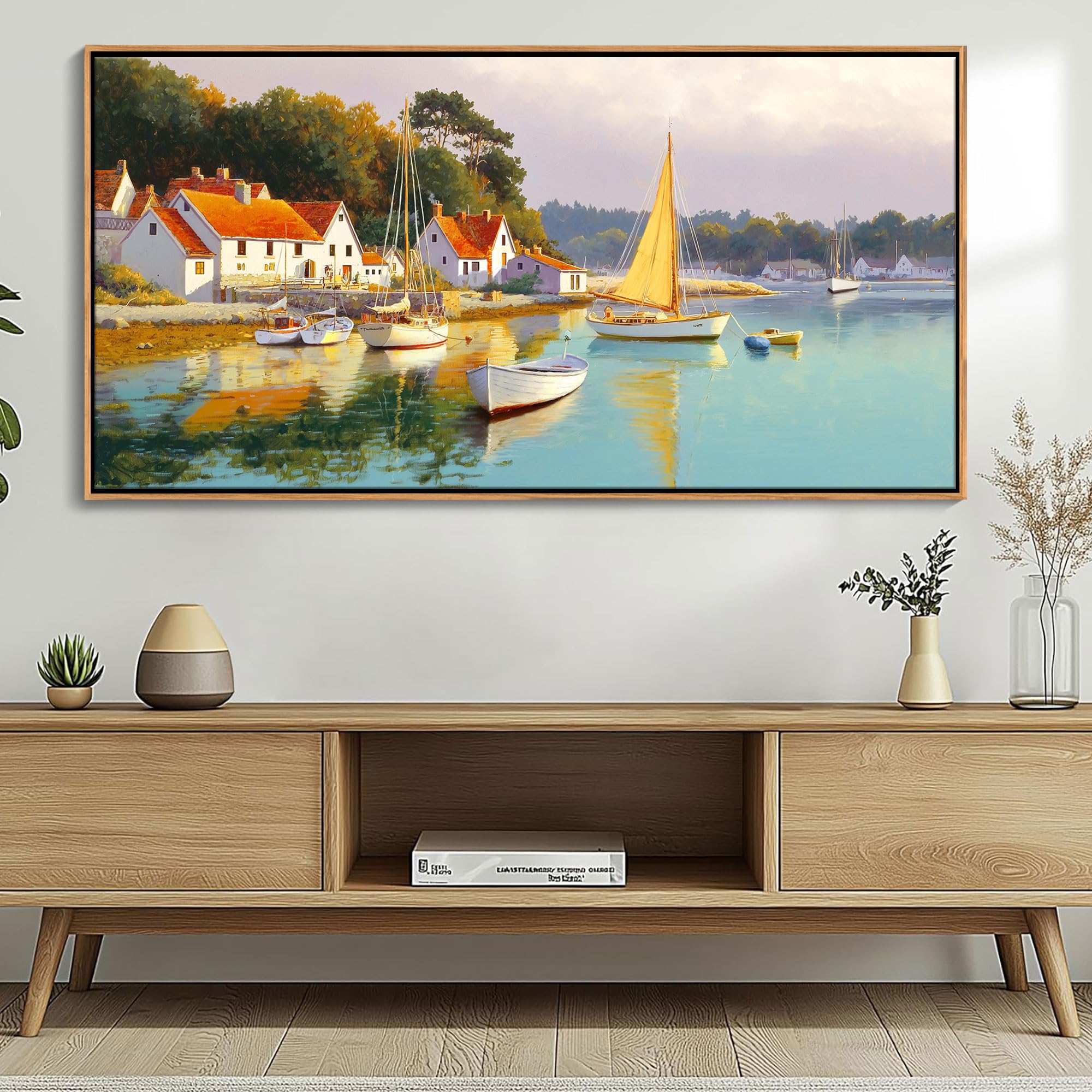 AJAZIKO Coastal Wall Art - Rustic Ocean &amp; boat Canvas Art for Living Room &amp; Bedroom Decor - Framed Landscape Artwork for Walls - Italian Farmhouse &amp; Country Wall Decor Print Pictures24x48IN