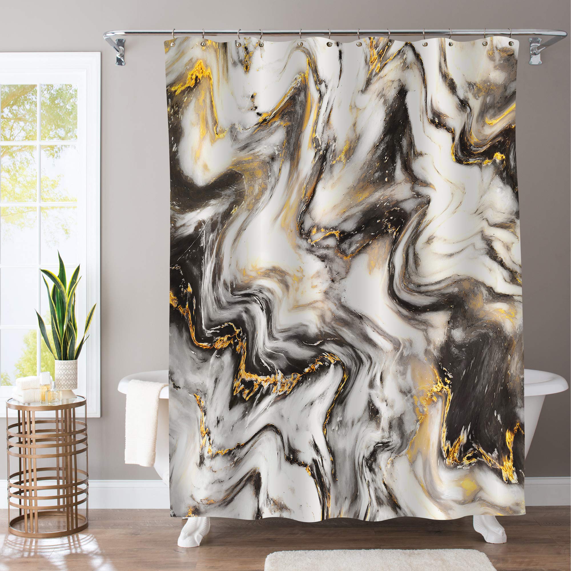 Gibelle Black and Gold Marble Shower Curtain, Abstract Granite Marble Fabric, Modern Luxury Art Waterproof Shower Curtain Set for Men and Women,