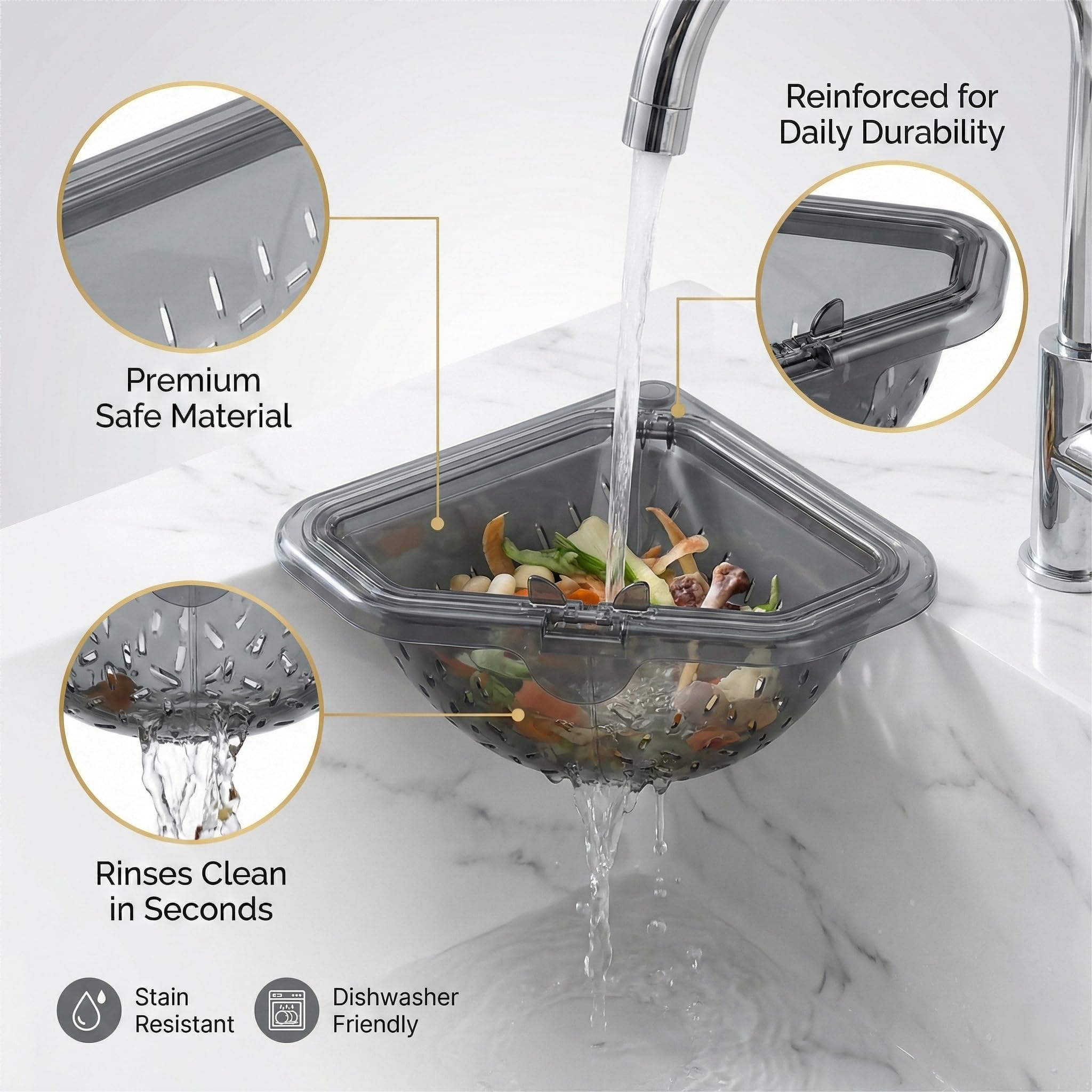 Magnetic Corner Sink Strainer Basket with Twist-Open Bottom, 6.69" Triangular Drain Rack for Food Scraps, Sponge Holder & Quick-Rinse Produce Basket, No-Drill Mount with Adhesive Metal Plate, ABS (1) — view 5