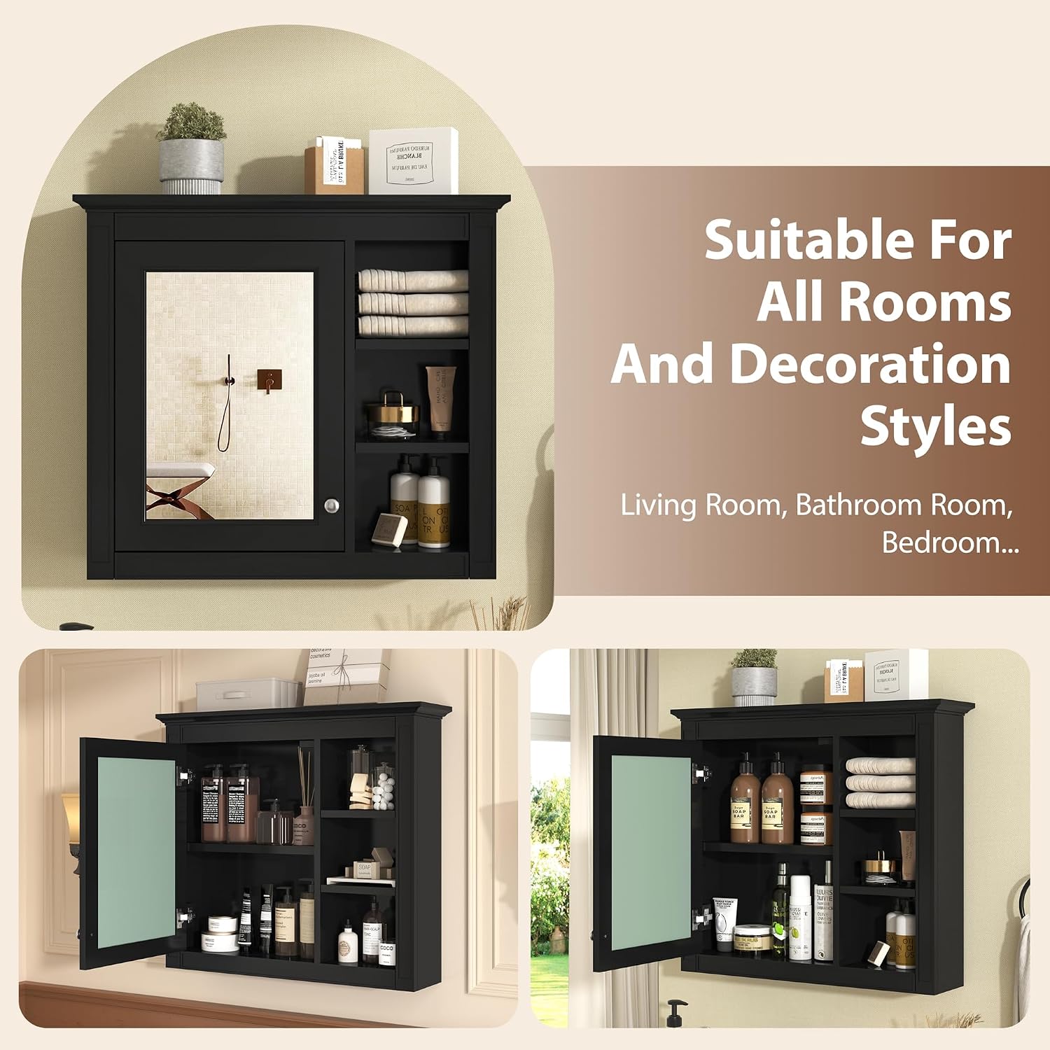 Merax Bathroom Medicine Cabinet with Mirror, 30'' x 28'' Wall Mounted Bathroom Cabinet with Door and 3 Open Shelves, Over The Toilet Storage Mirrored Bath Wall Cabinet, Black