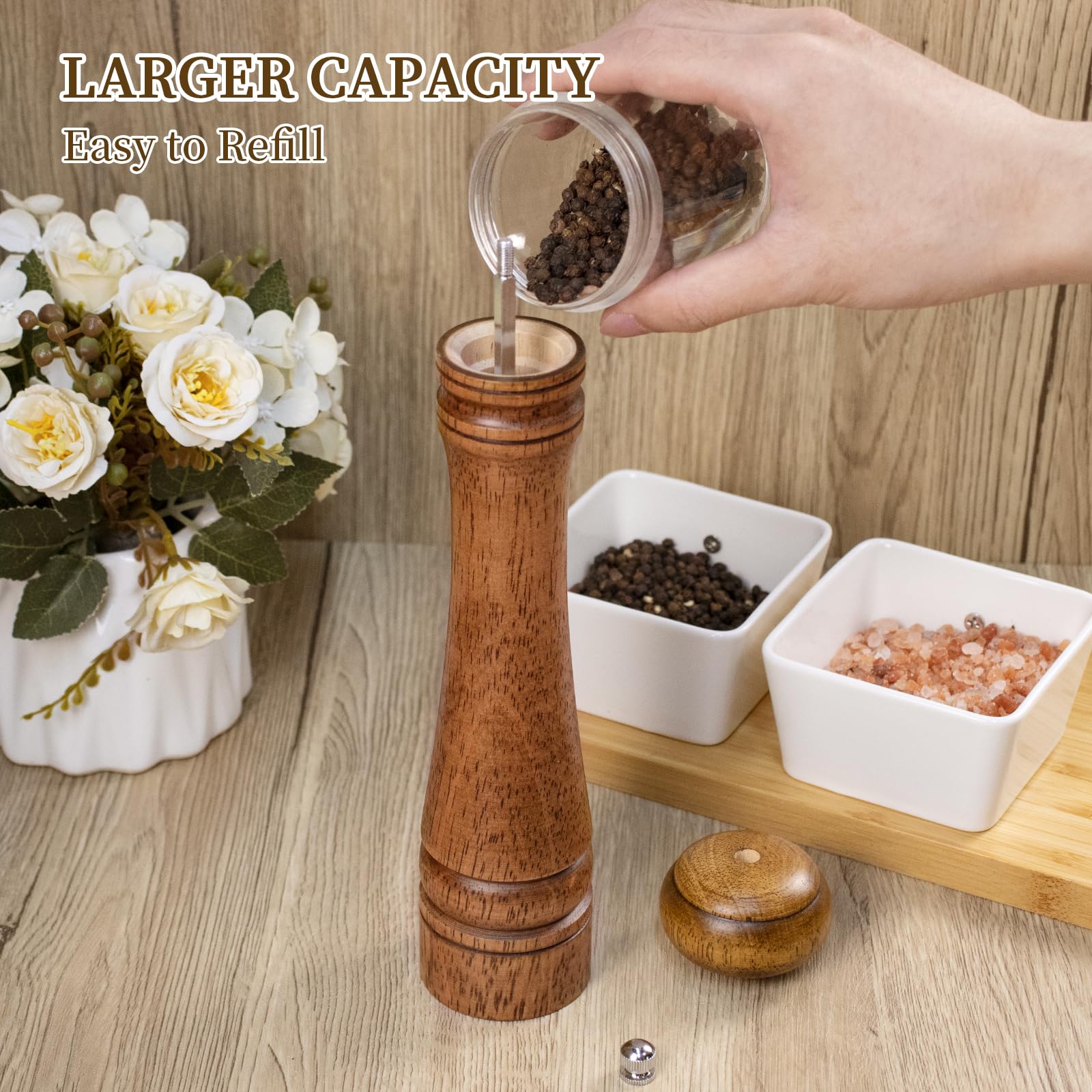 Elegan - Molinillo de pimienta o sal de madera de 10 pulgadas de alto con un rotor de cerámica ajustable y fácilmente recargable, molinillo de sal de madera de roble para tu cocina