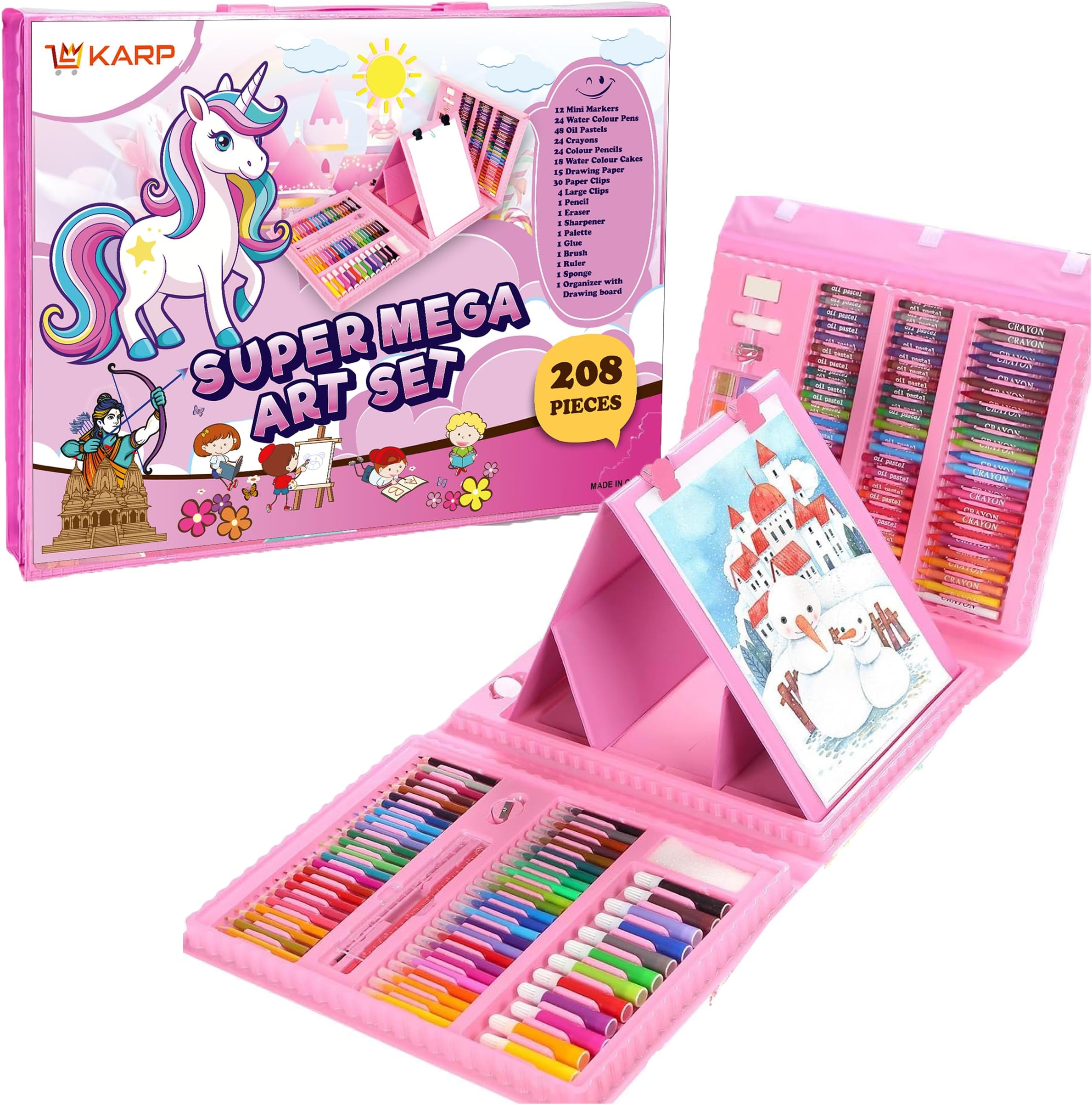 - Shuban Plastic Deluxe Art Set Box & Drawing Kit with Crayons, Oil Pastels, Colored Pencil Deluxe Gift Art (208Pcs - Pink)