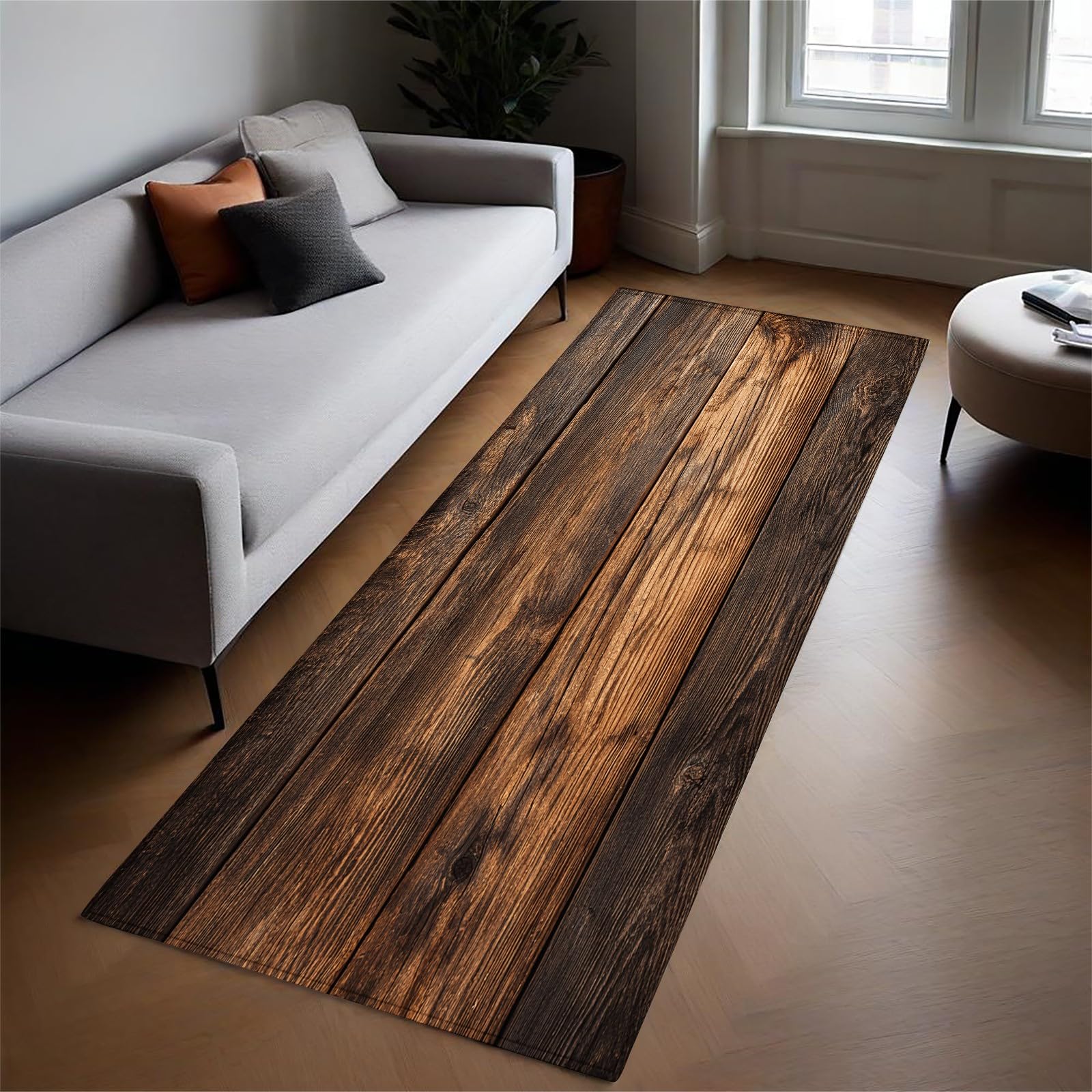 Teppich Läufer 60x180 cm Landhaus-Holzmaserungspaneele Rutschfester Teppichläufer Brown für Wohnzimmer Flur Küche Waschbar Pflegeleicht