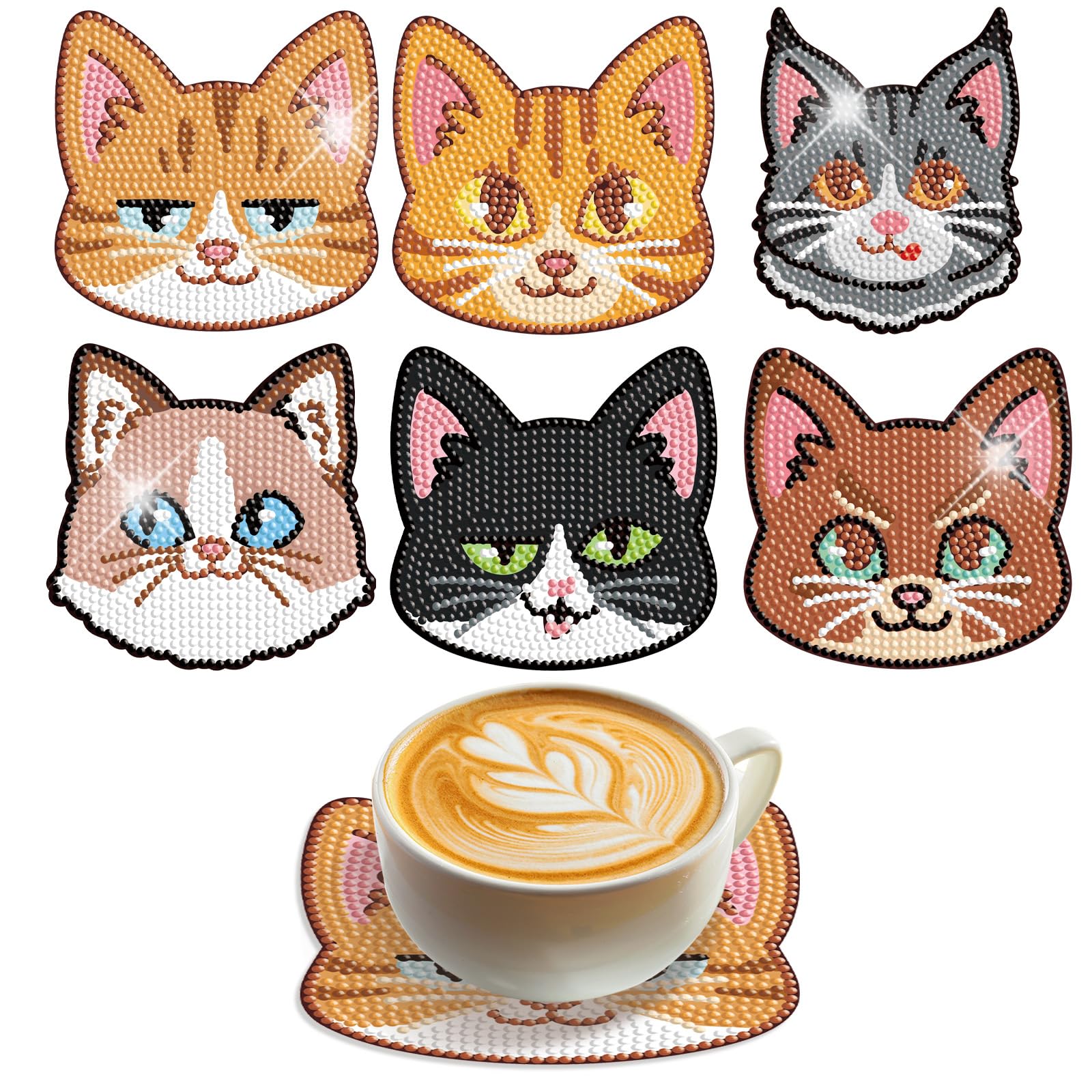 Diamond Painting Untersetzer-Set, 6 Stück Mit Katzen-Motiv – DIY Acryl-Untersetzer Für Gläser, Inkl. Zubehör