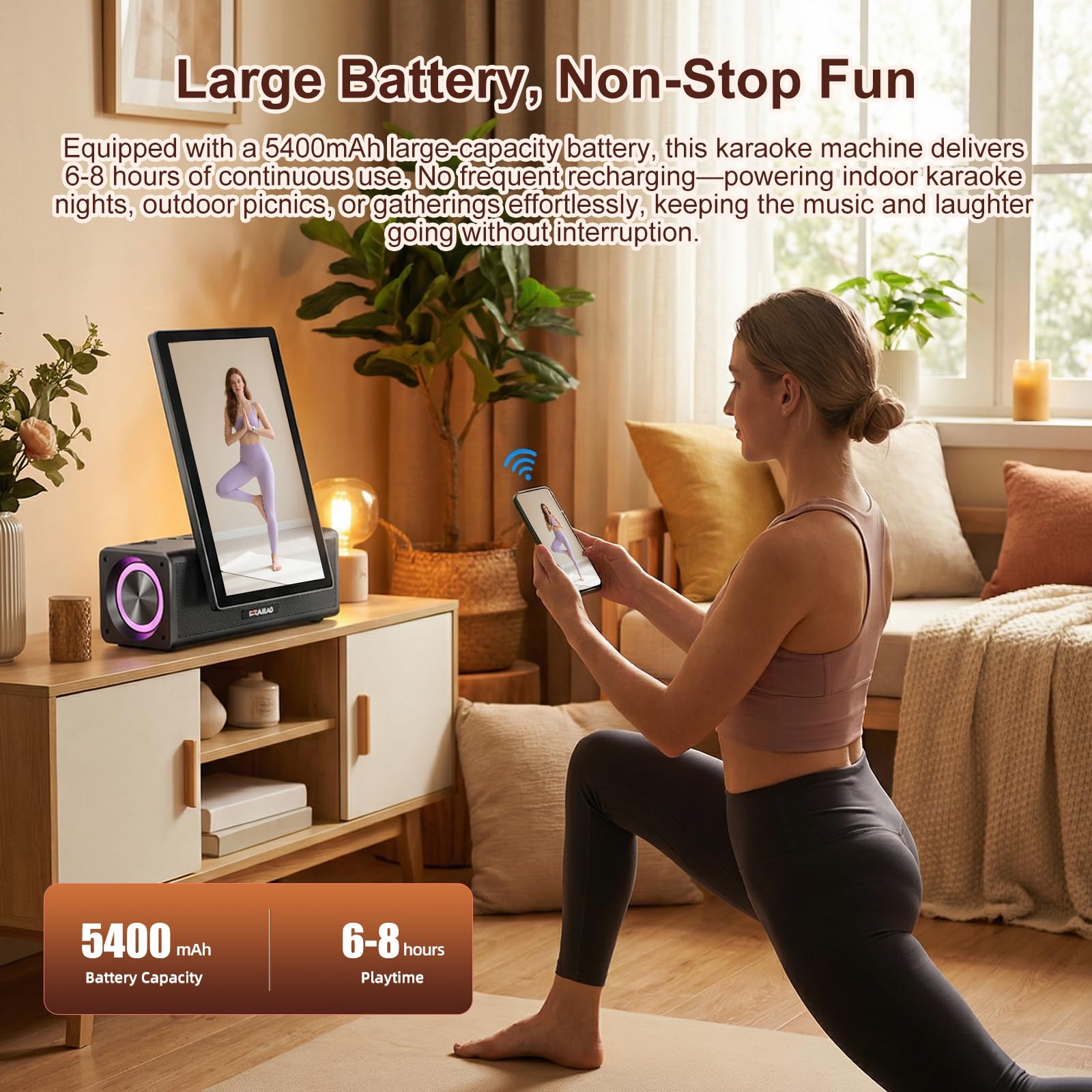 Tragbare Karaoke-Maschine mit 14,1-Zoll-HD-Drehbildschirm, kabelloser Bildschirmspiegelung für Android und iOS, Bluetooth-Party-Lautsprecher mit Liedtextanzeige und Beleuchtung, 2 Mikrofone