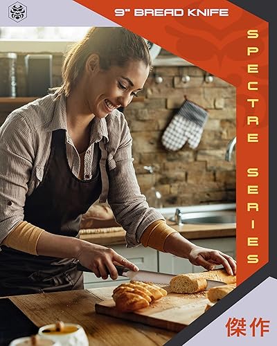 Miniatura 8 de Cuchillo de pan dentado de 9 pulgadas - Serie Spectre - Acero inoxidable japonés forjado AUS-8 de alto carbono - Mango de madera de Pakkawood con