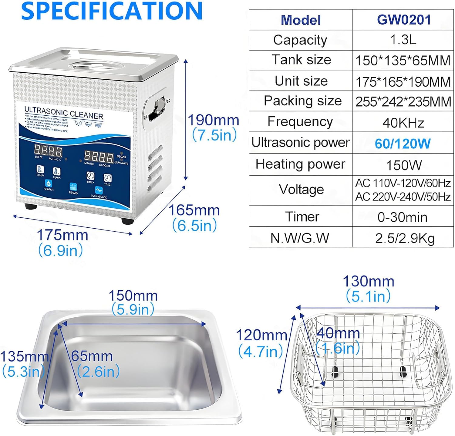 Professional Lab Ultrasonic Cleaners Sonic Jewellery Cleaner Machine with Heater Timer and Degassing Digital Ultrasonic Parts Cleaner for Dental Glasses Jewelry Small Parts 201-1.3L
