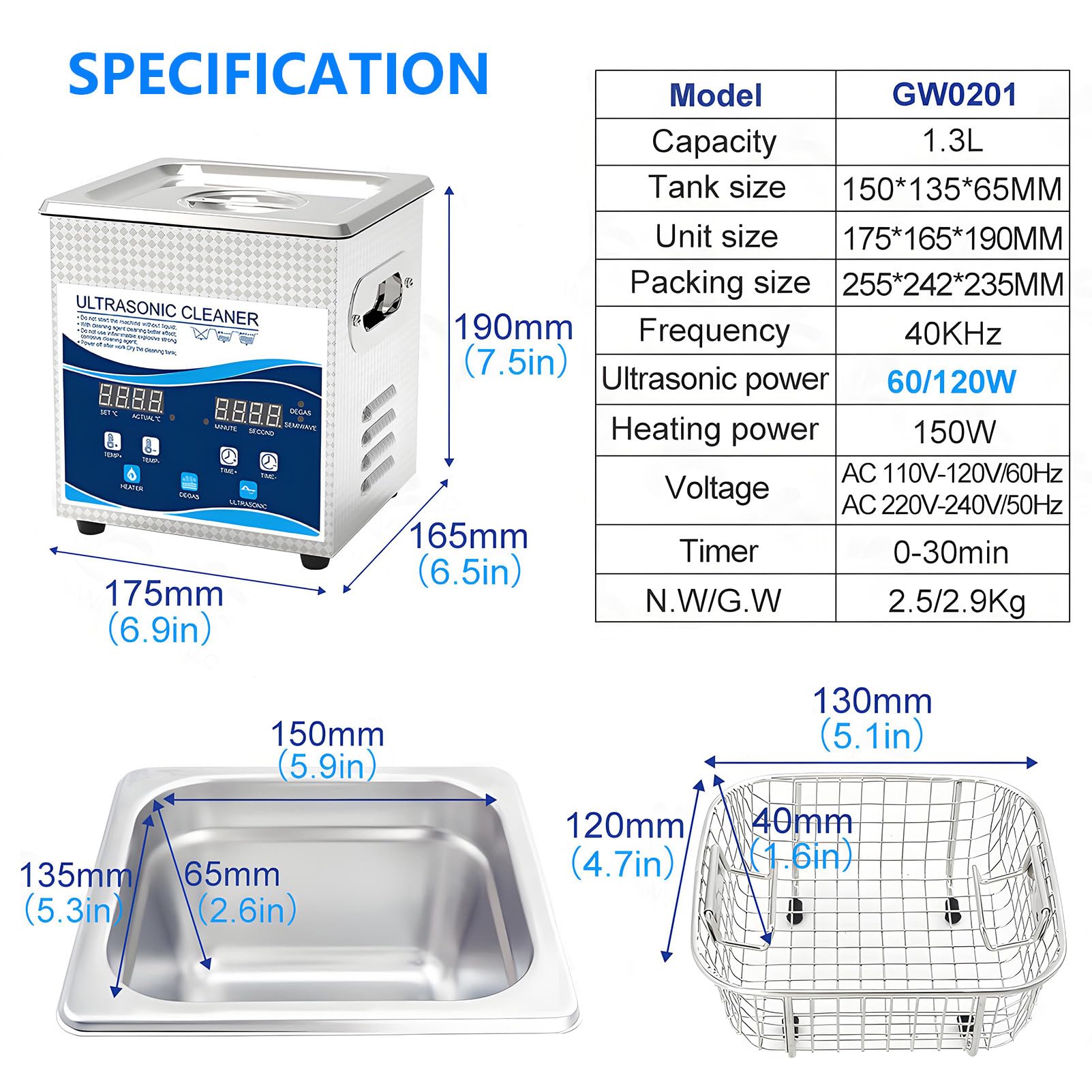 Limpiador Ultrasónico Digital de 40 Khz Baño Ultrasónico Comercial Profesional con Temporizador y Calentador para Joyería Dentaduras Postizas y Piezas Metálicas 201-1.3L