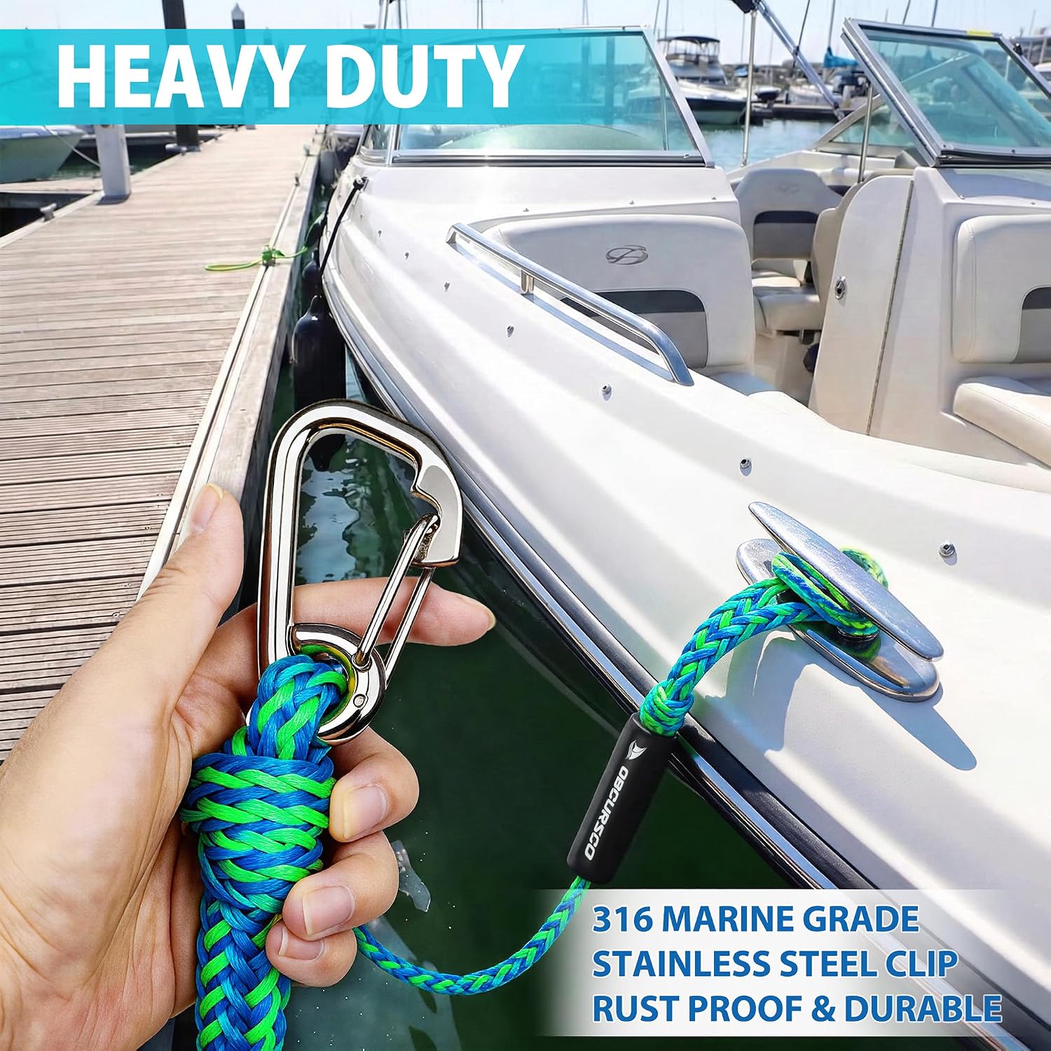 Obcursco Bungee Dock Lines for Boat, Docking Rope with 316 Stainless Steel Clips, Accessories for Jet Ski, PWC, SeaDoo, Pontoon, Center Console, Sets of Two(4ft & 6ft) (Green/Blue)