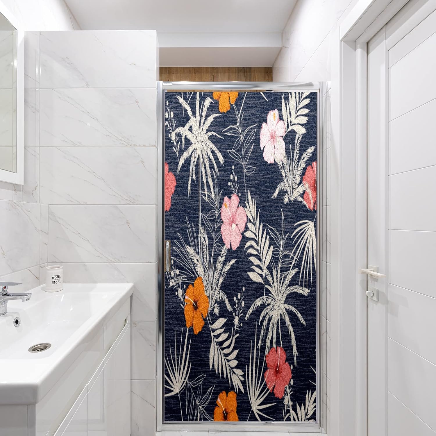 Window Privacy Film Decorative Summer Hibiscus Floral Leaves Static Translucent Cling Window Decals Frosted Glass Window Clings Sticker Non-Adhesive Heat Control 23.6'' x 47.2''
