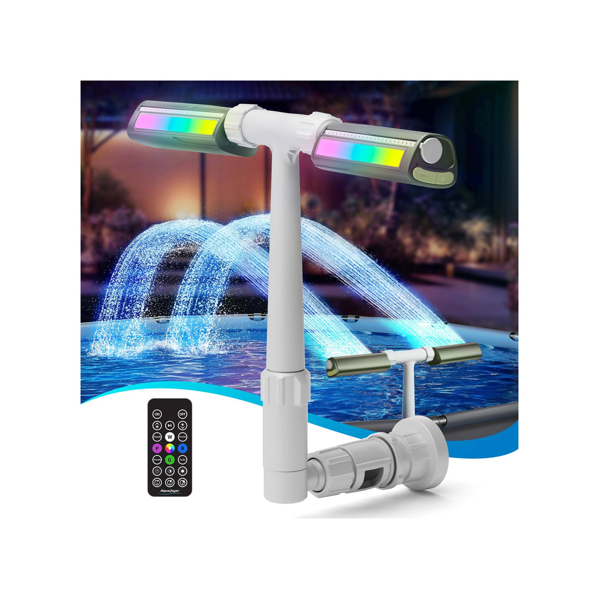Pool Fountain with 8-Color 4-Mode LED Lights, Above/Inground Pool Fountain Lights with Remote, 360°Adjustable Pool Sprinkler for Relaxation & Cooling 10-20°F