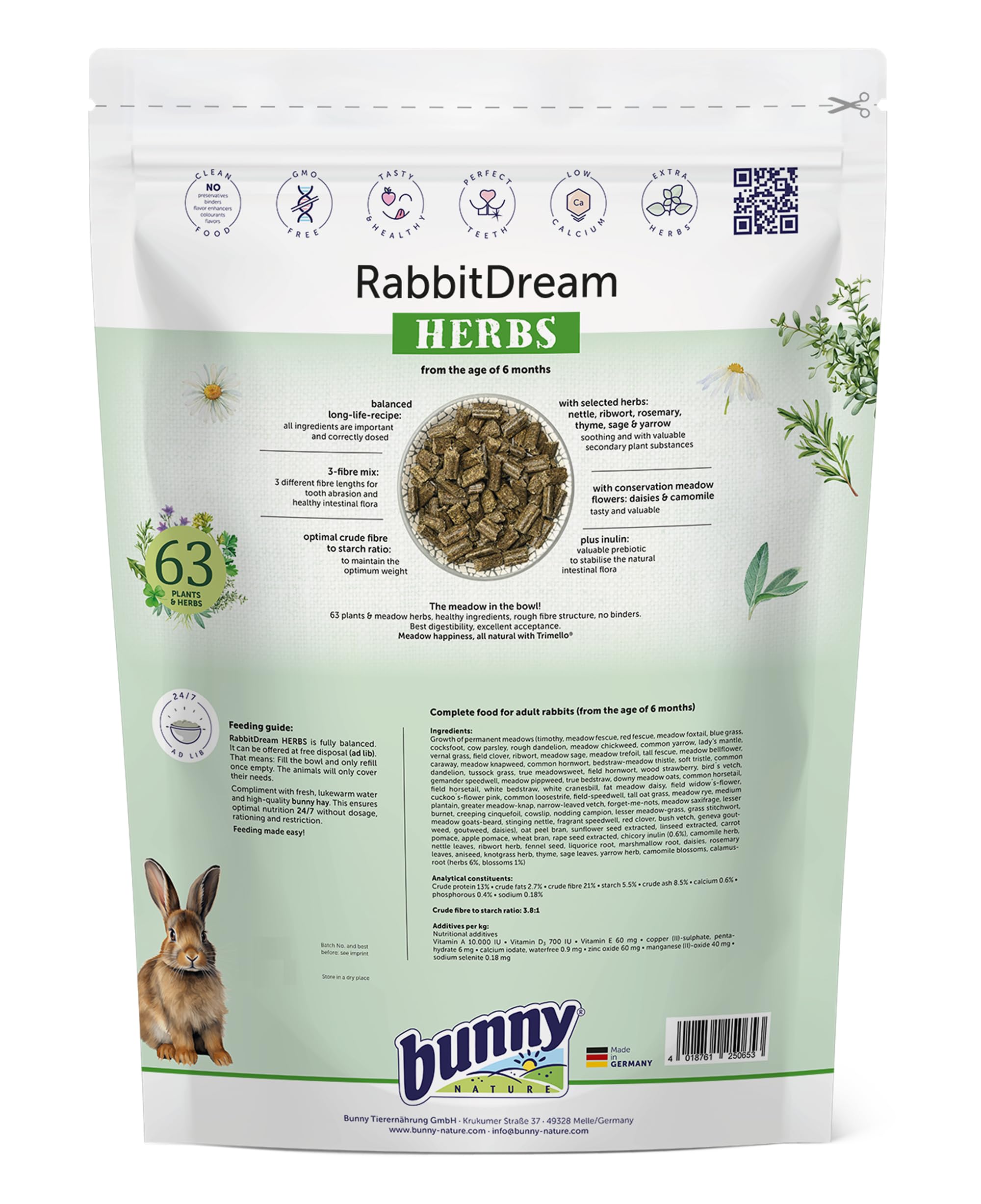Bunny KaninchenTraum Erbe | 600 g | Alimento completo per conigli nani dai 6 mesi di età | 63 diverse piante ed erbe da prati non trattati | Miscela a 3 fibre