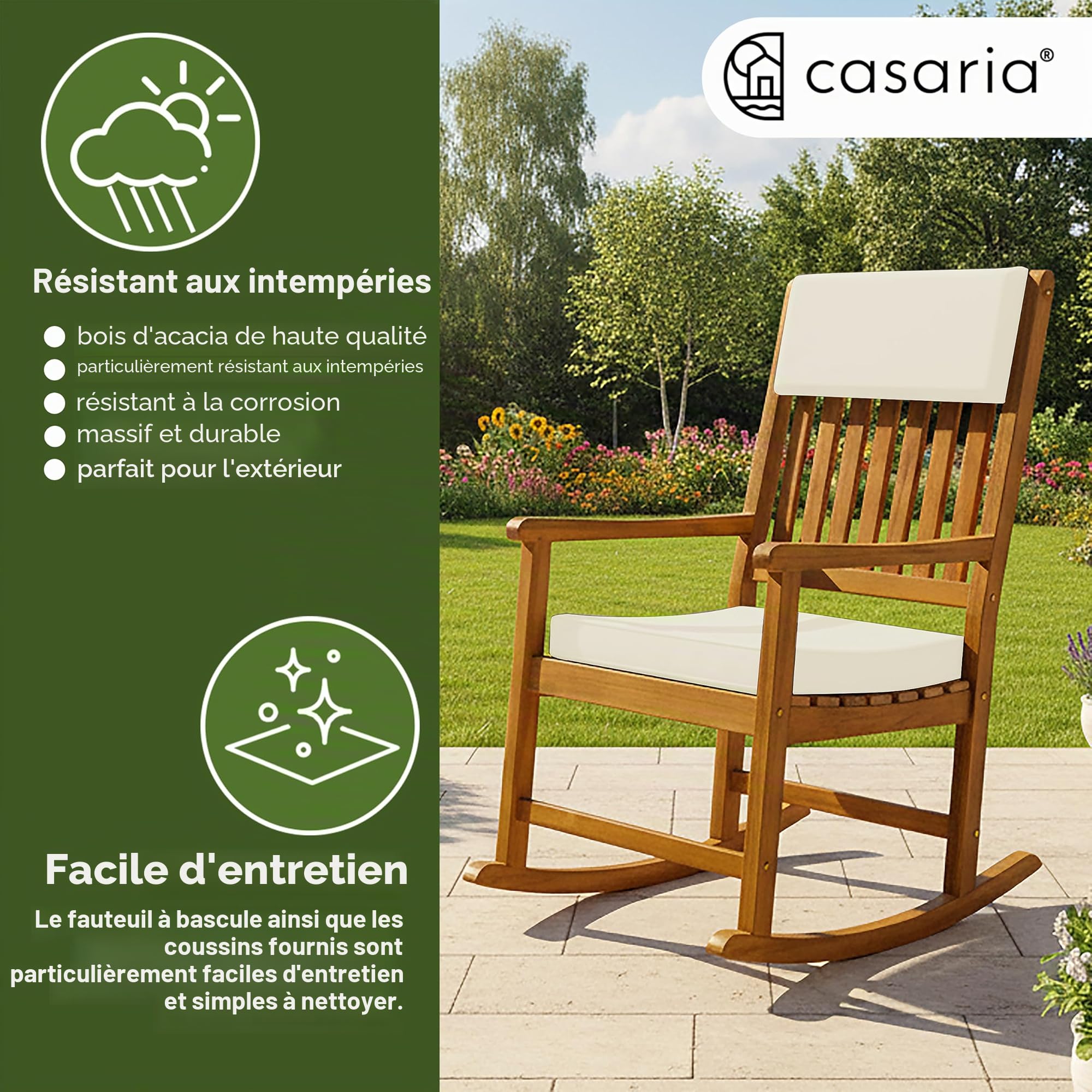 Deuba Rocking Chair en Bois Chaise a Bascule 54x76x102cm Fauteuil intérieur extérieur avec Coussin d'assise