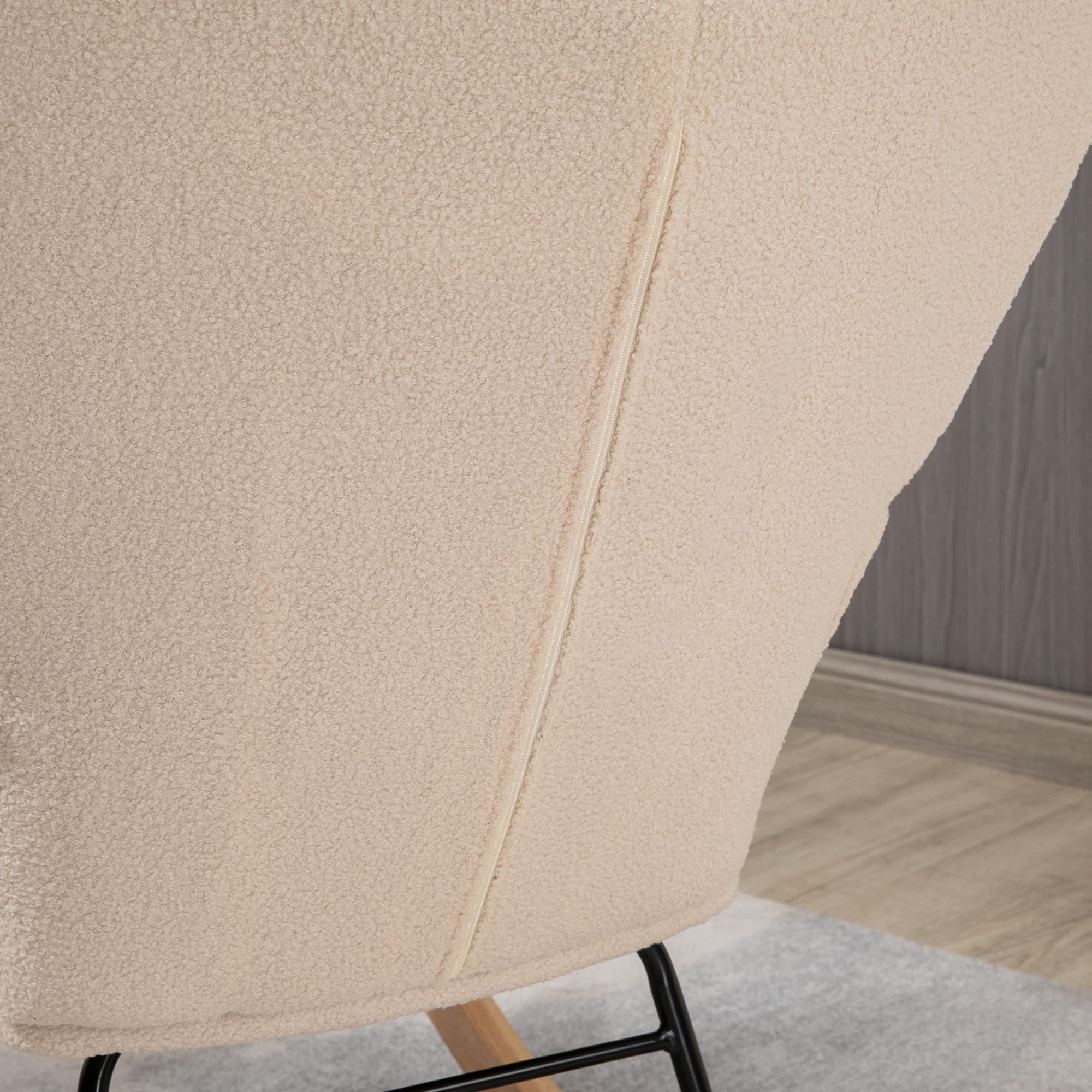 HOMCOM Sedia a Dondolo da Interno Imbottita, Poltrona a Dondolo Relax in Pile Berbero con Braccioli, Struttura in Acciaio e Gambe in Legno di Faggio per Soggiorno e Camera da Letto, Beige