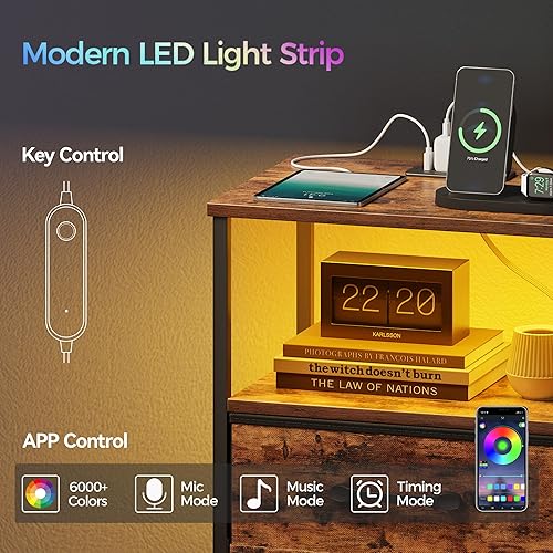 Miniatura 4 de Night Stand Set 2, End Table with Charging Station, LED Bedside Table with Fabric Drawer for Bedroom, 3-Tier Side Table with Open Shelf, Rustic