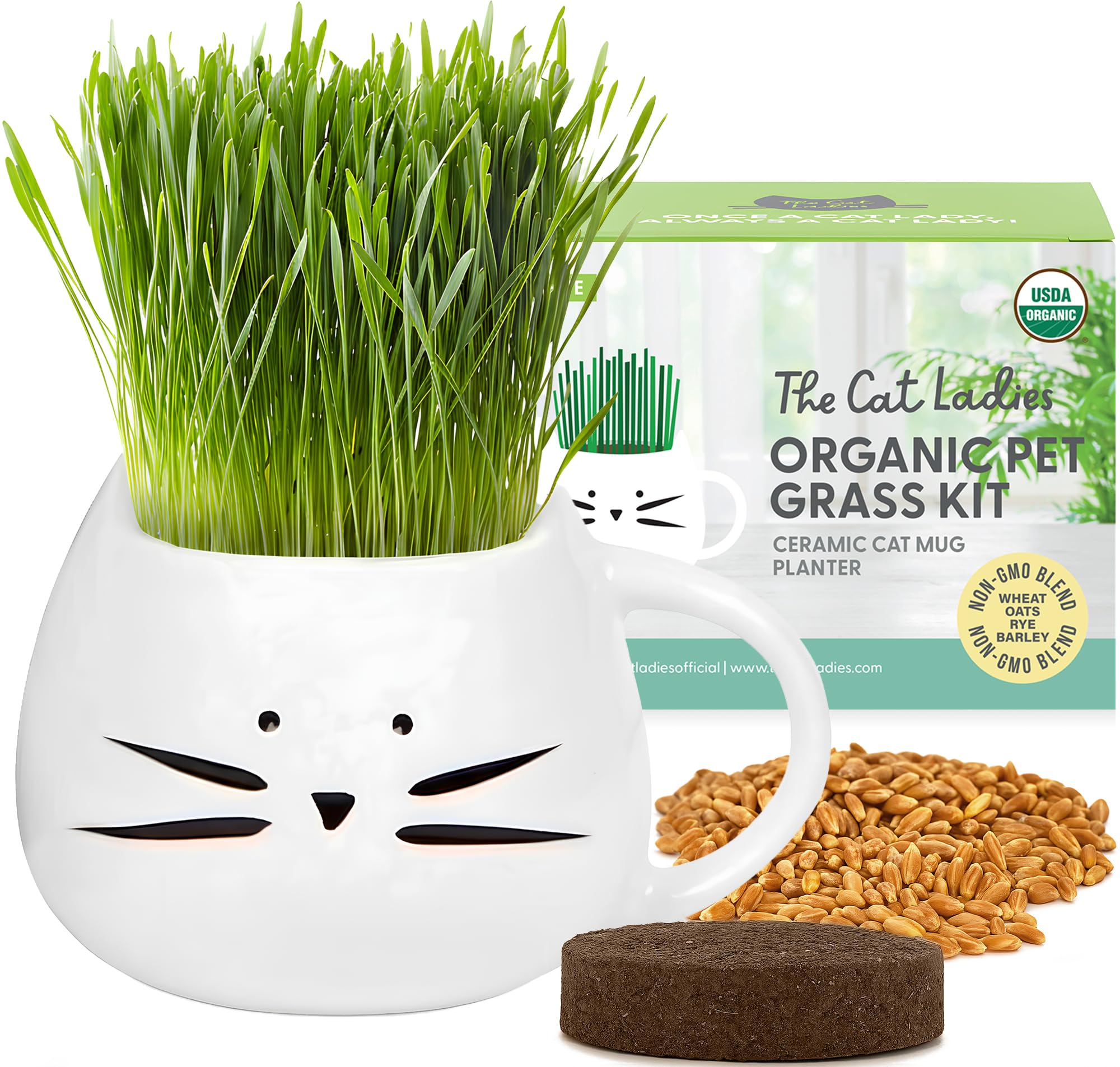 The Cat Ladies Organic Cat Grass for Indoor Cats - Growing Kit with Organic Seed Mix, Soil and White Cat Planter. Natural Hairball Control and Digestion Remedy, Cat Gifts