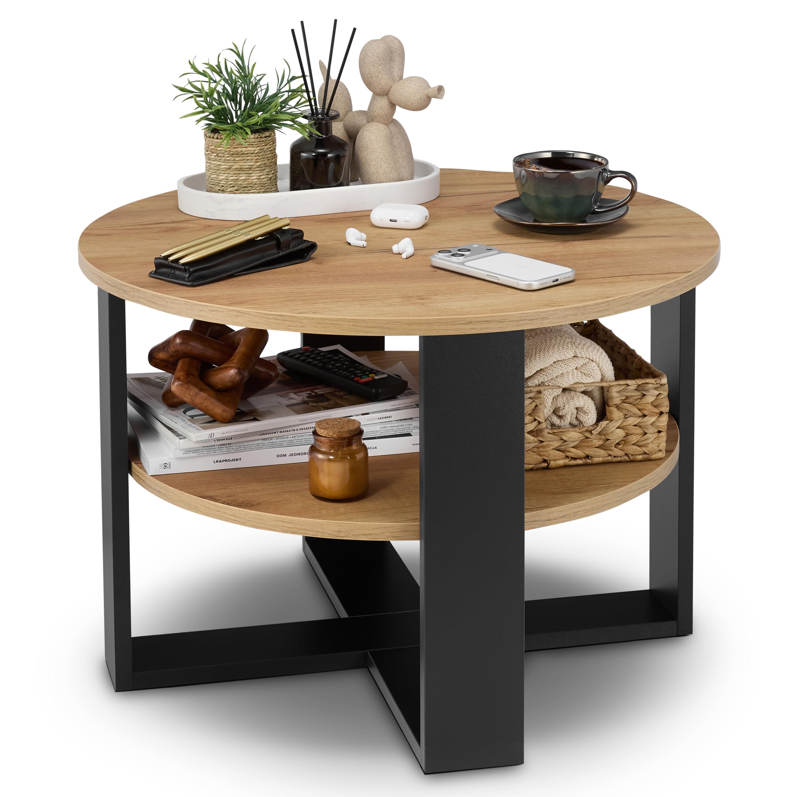 defiPad Couchtisch rund Eiche Ø70 cm - Beistelltisch mit Ablage - 2 Ebenen, runder moderner Kaffeetisch im Industrial Design - Hergestellt in der EU