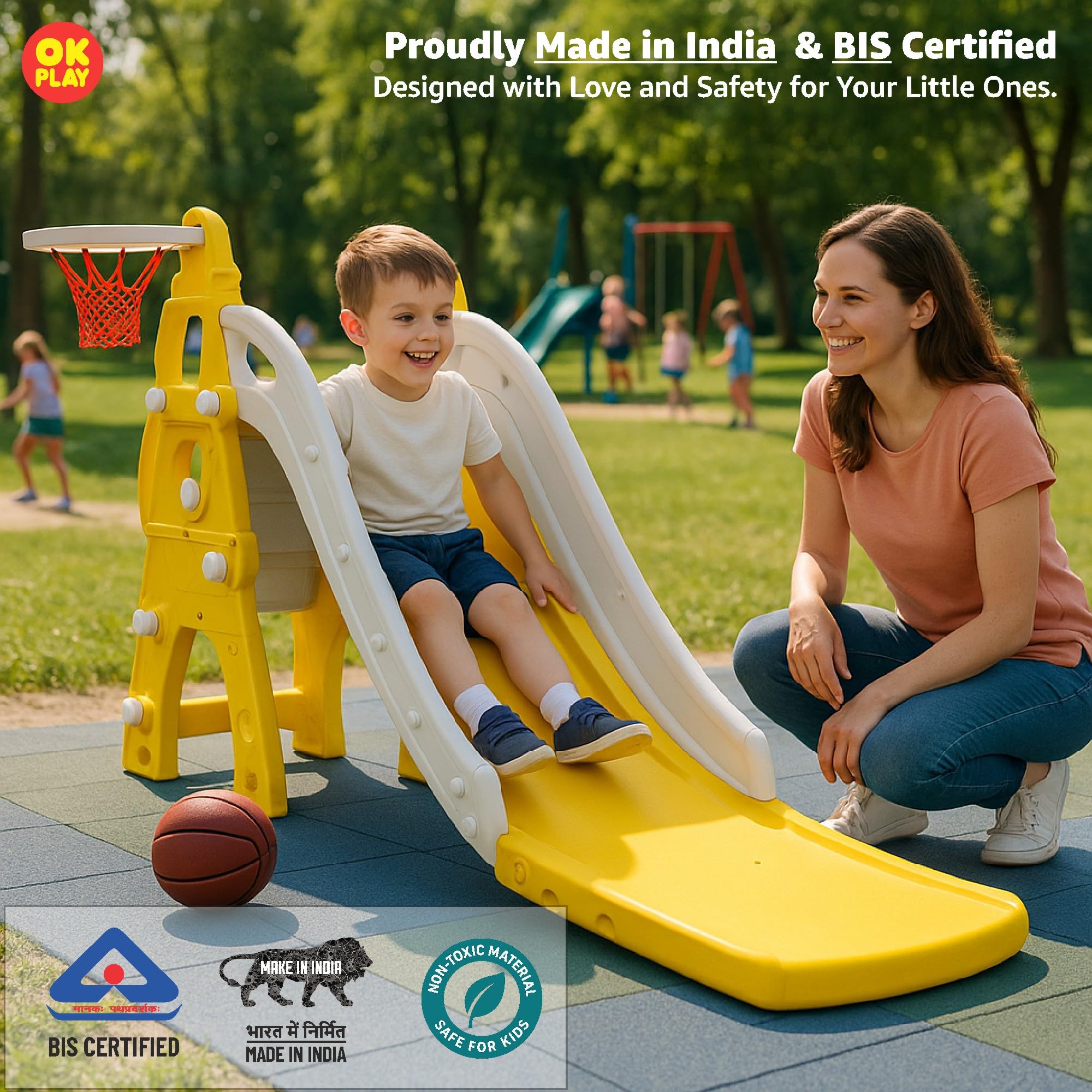 OK PLAY Castle Slide for 2 to 8Years | With Ball and Ring | Indoor Outdoor Games | Perfect Slide for Home, School & Playground | Easy Assembly | Safe & Fun Activity Toy | 170 x 72 x 94cm | Yellow&Grey - Image 7 thumbnail