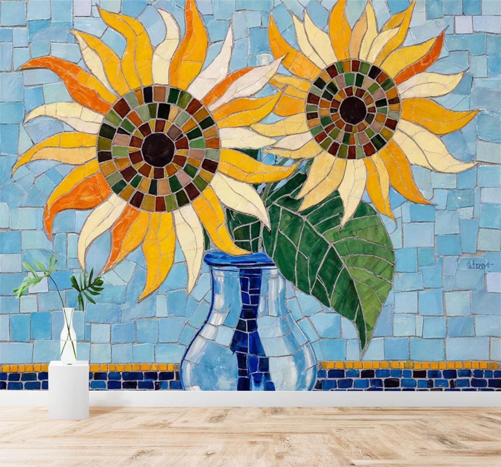 Xlming 350Cm×256Cm(B×H) Blue Vase Mosaic Sunflowers Geometric Tiles Vibrant Colours 3D Wallpaper Silky Texture Home Study Office Grey Dining Room Sofa Bedroom Living Room Tv Backdrop-350Cm×256Cm