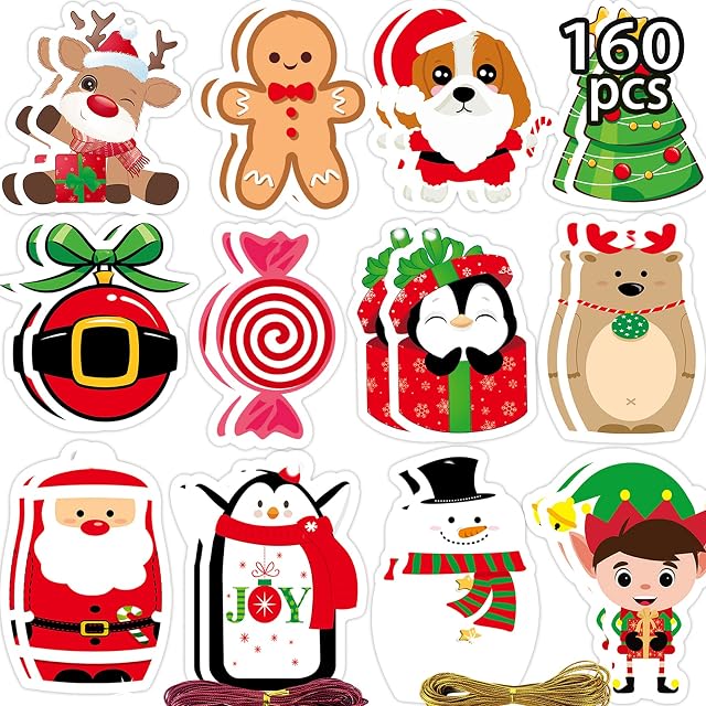 RMMD Christmas Gift Tags 160 PCS Cute Christmas Tags for Presents with String Christmas Name Tags for Presents Xmas Gift Tags with for Gift Wrapping Christmas Name Labels Xmas Party Supplies